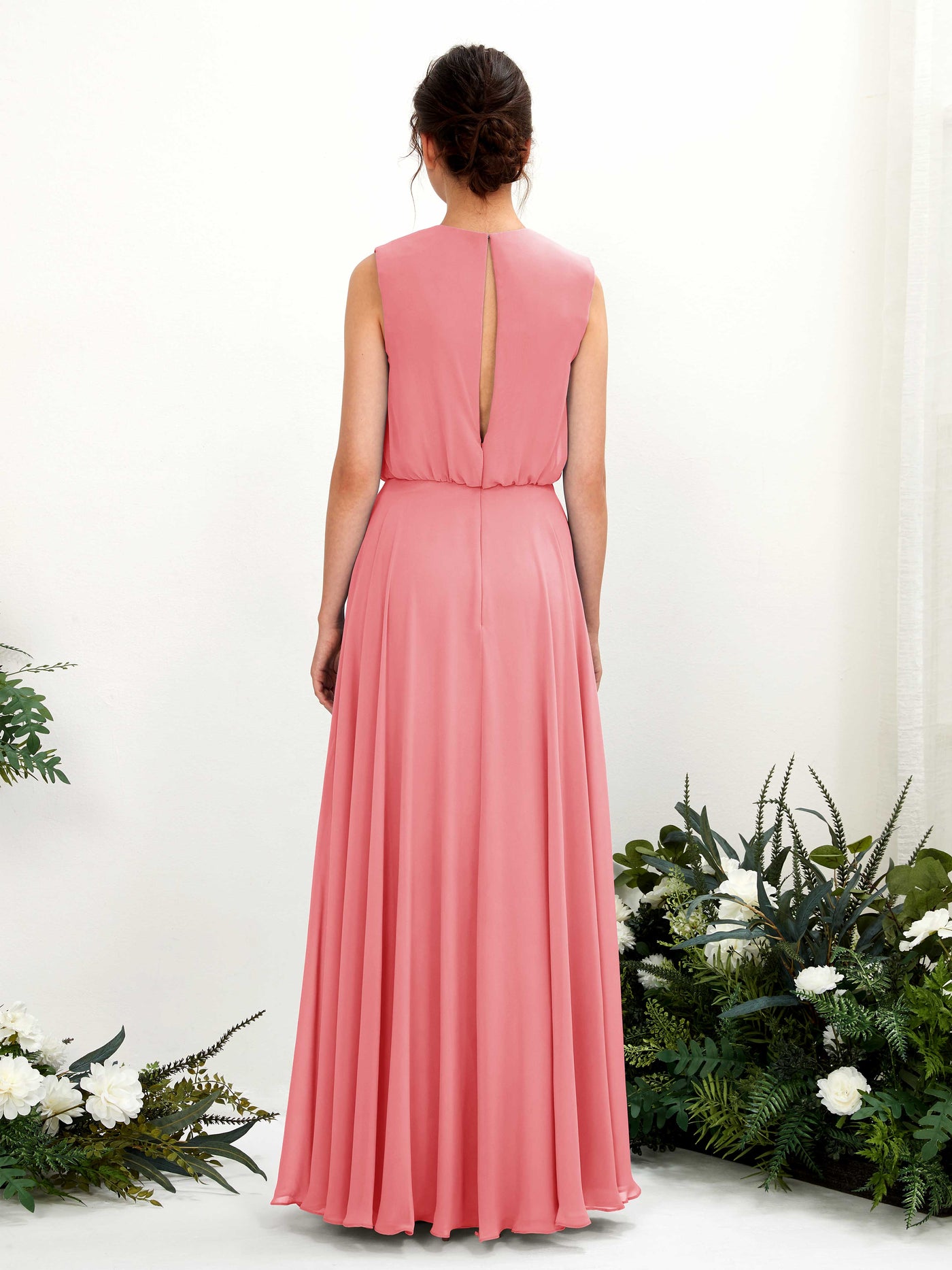 Carlyna Vestido línea A cuello redondo hasta el suelo gasa dama de honor Rosa Coral #color_rosa-coral