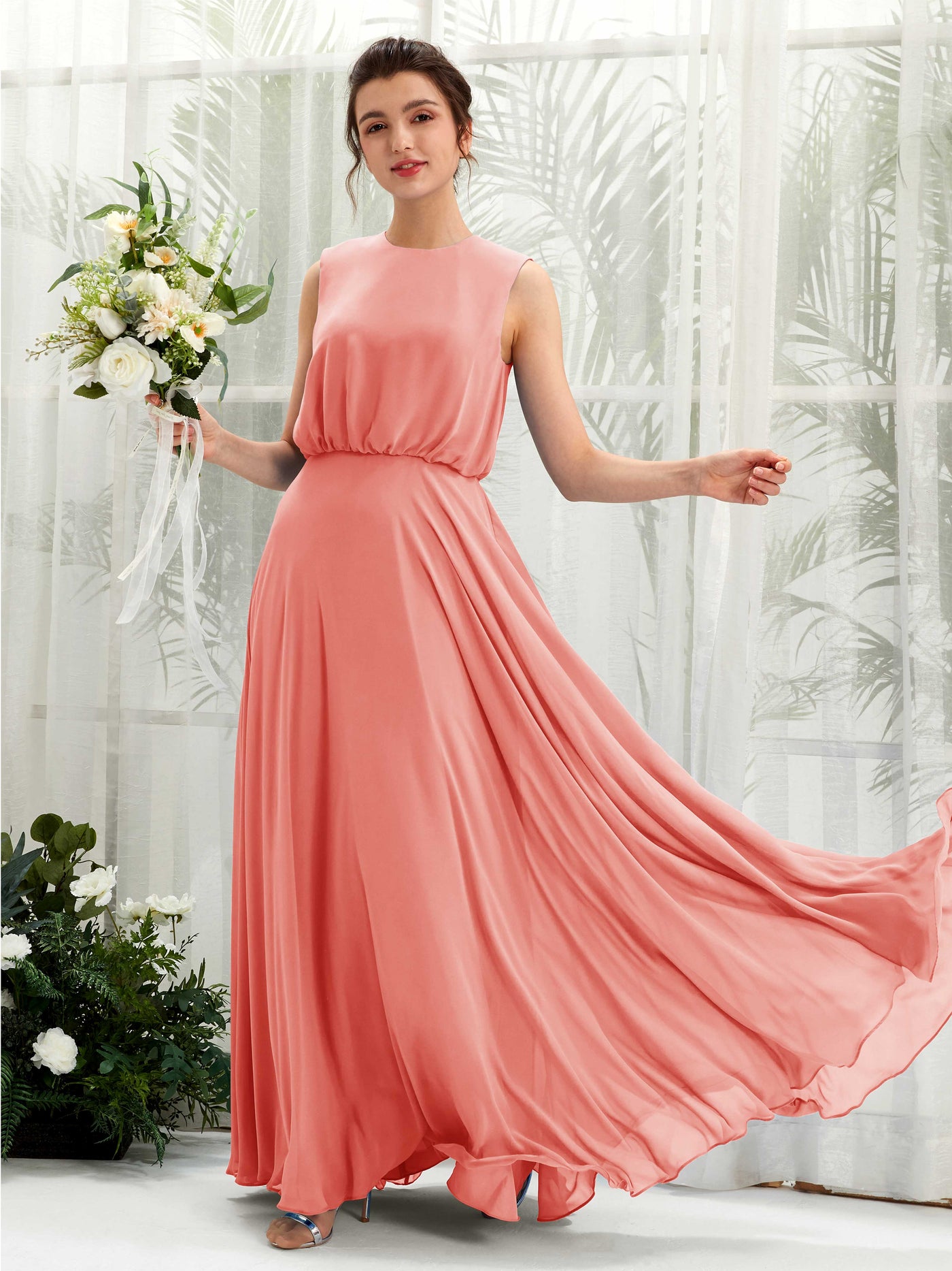 Carlyna Vestido línea A cuello redondo hasta el suelo gasa dama de honor Rosa Melocotón #color_rosa-melocot-n