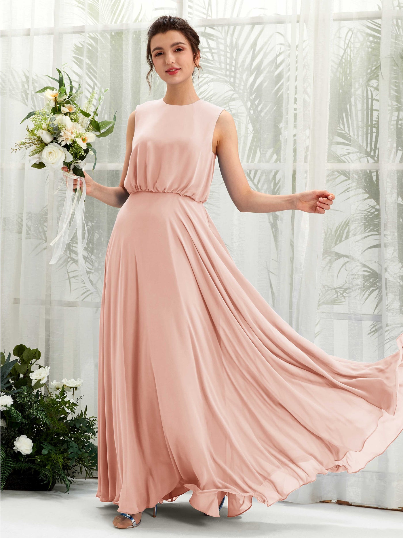 Carlyna Vestido línea A cuello redondo hasta el suelo gasa dama de honor Rosa Perla #color_rosa-perla