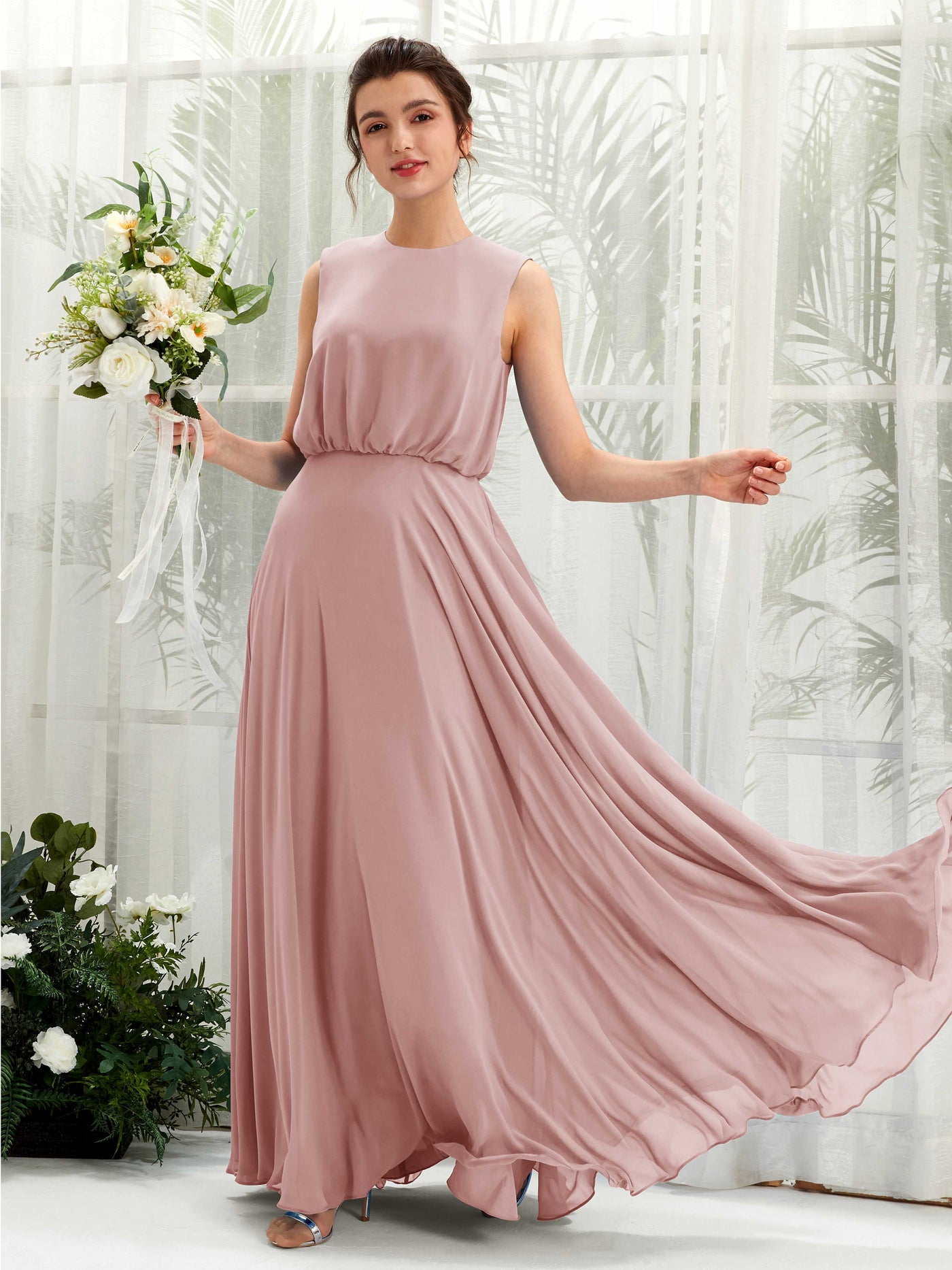 Carlyna Vestido línea A cuello redondo hasta el suelo gasa dama de honor Rosa Polvorienta #color_rosa-polvorienta