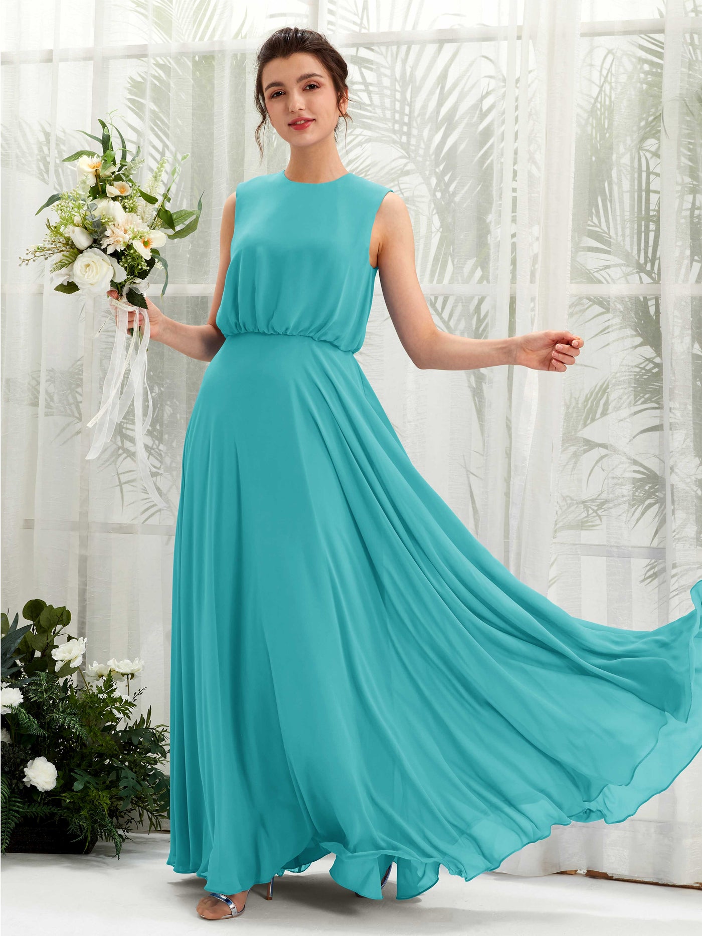 Carlyna Vestido línea A cuello redondo hasta el suelo gasa dama de honor Turquesa #color_turquesa
