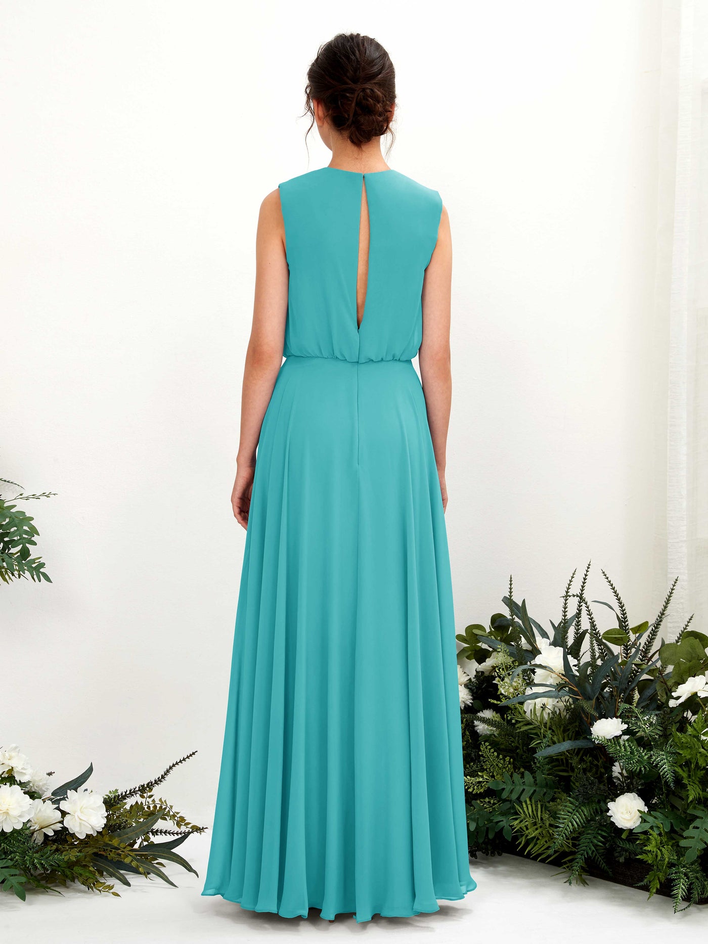 Carlyna Vestido línea A cuello redondo hasta el suelo gasa dama de honor Turquesa #color_turquesa