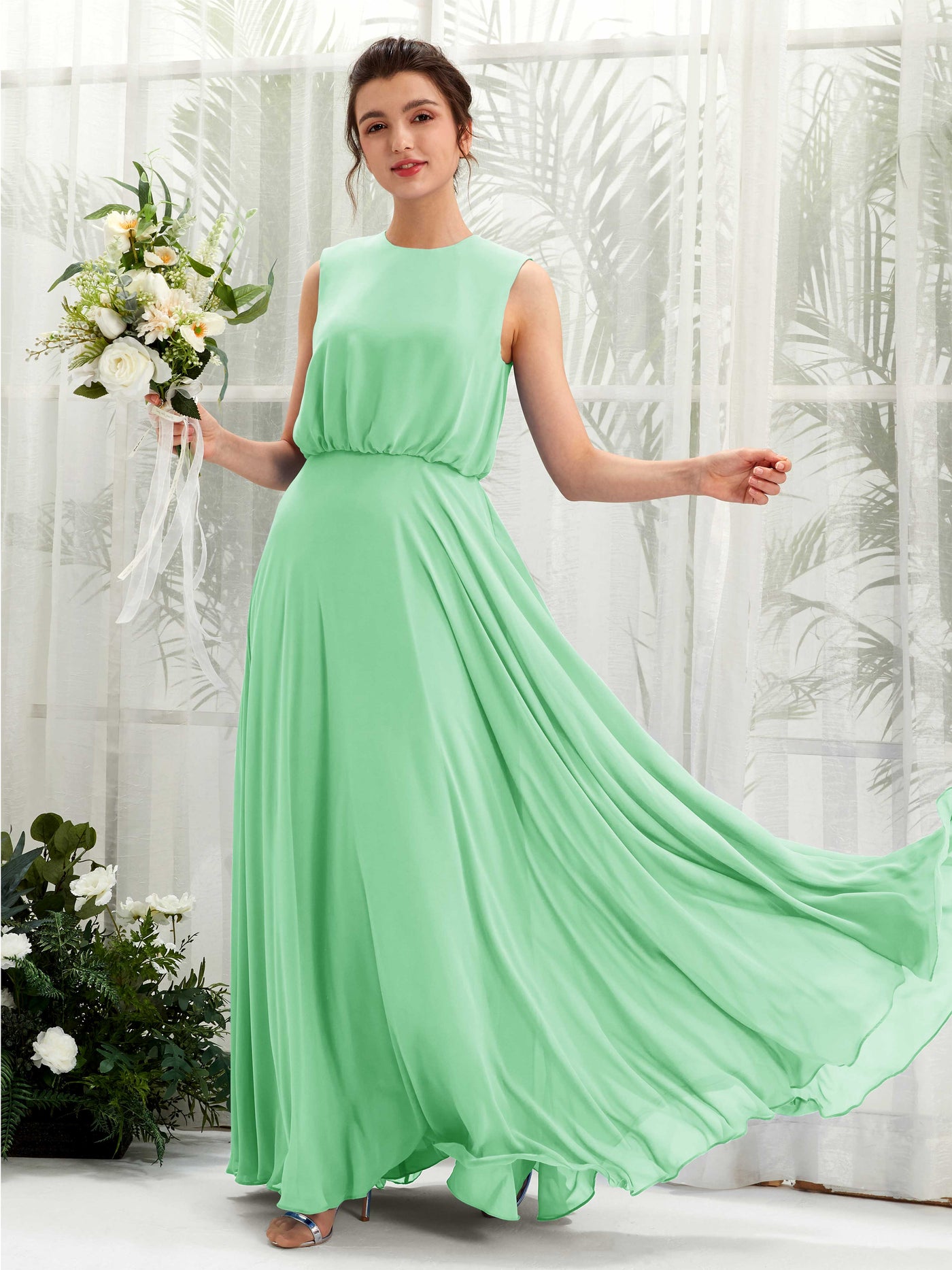 Carlyna Vestido línea A cuello redondo hasta el suelo gasa dama de honor Verde Menta #color_verde-menta