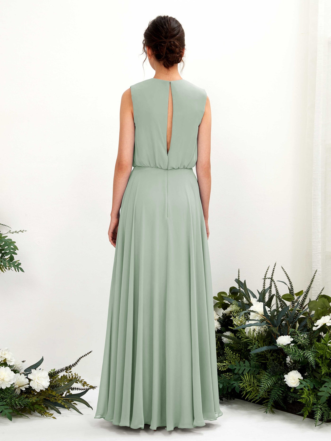 Carlyna Vestido línea A cuello redondo hasta el suelo gasa dama de honor Verde Salvia #color_verde-salvia