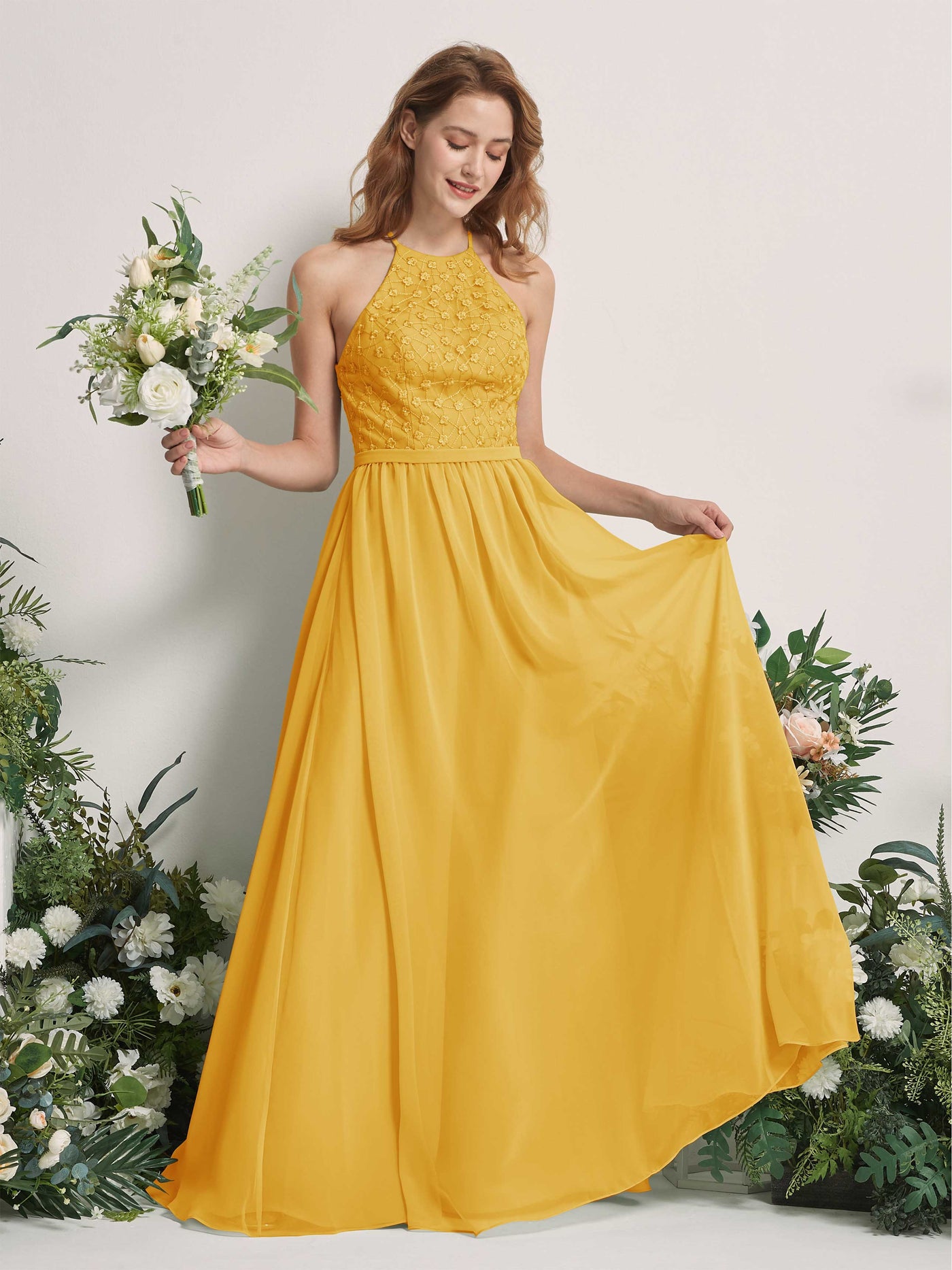 Carlyna Vestido línea A cuello redondo hasta el suelo vestidos de dama de honor Amarillo Mostaza #color_amarillo-mostaza