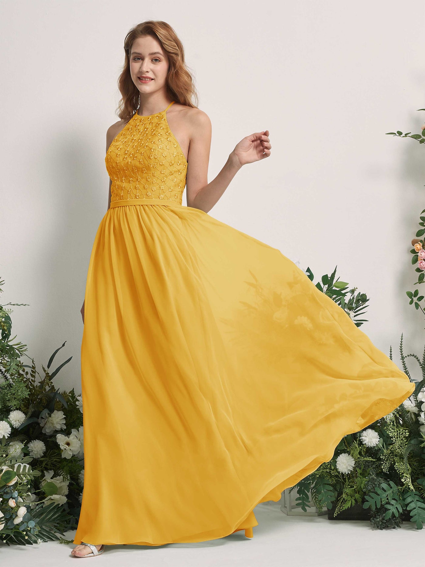 Carlyna Vestido línea A cuello redondo hasta el suelo vestidos de dama de honor Amarillo Mostaza #color_amarillo-mostaza
