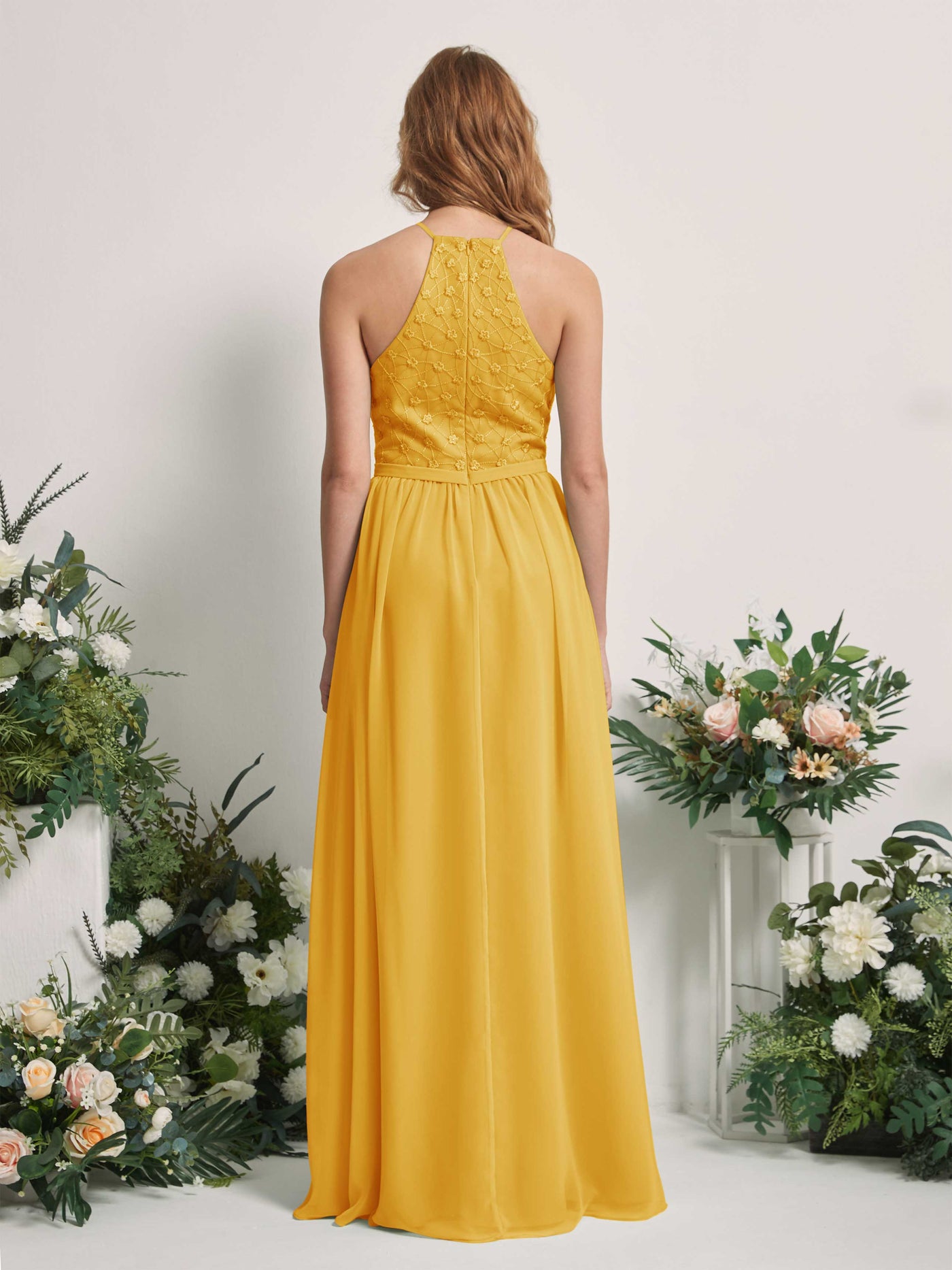 Carlyna Vestido línea A cuello redondo hasta el suelo vestidos de dama de honor Amarillo Mostaza #color_amarillo-mostaza