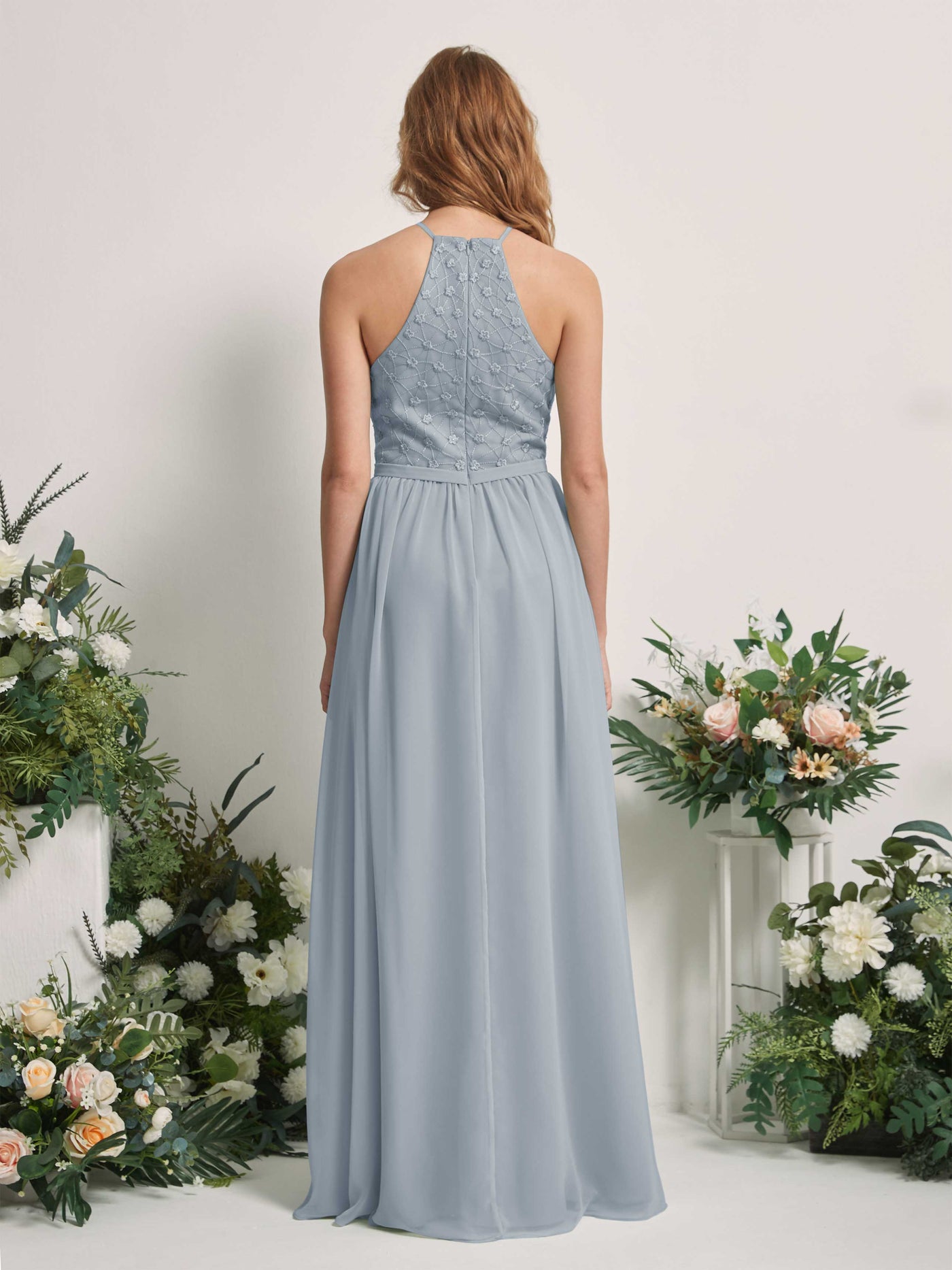 Carlyna Vestido línea A cuello redondo hasta el suelo vestidos de dama de honor Azul Empolvado Mejorado #color_azul-empolvado-mejorado