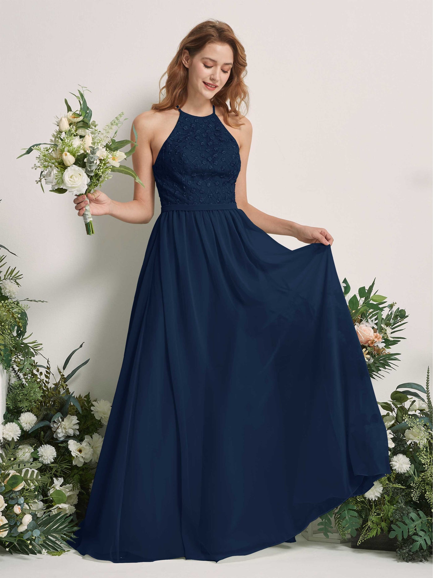 Carlyna Vestido línea A cuello redondo hasta el suelo vestidos de dama de honor Azul Marino #color_azul-marino