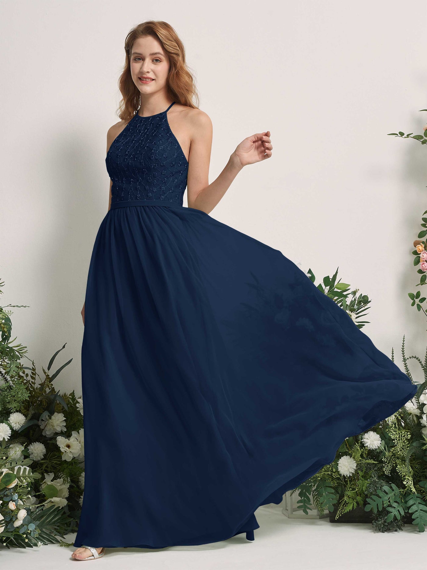 Carlyna Vestido línea A cuello redondo hasta el suelo vestidos de dama de honor Azul Marino #color_azul-marino