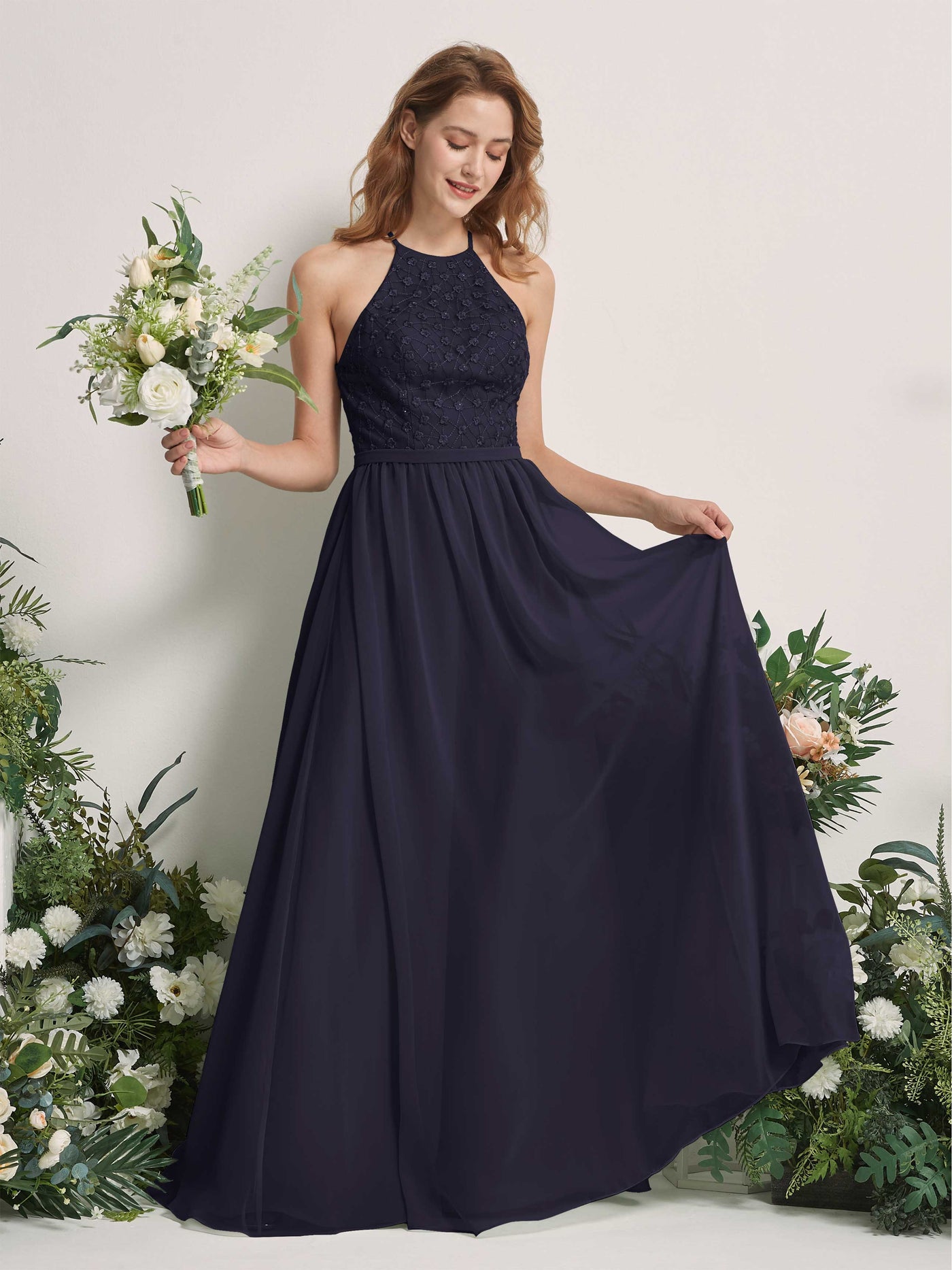 Carlyna Vestido línea A cuello redondo hasta el suelo vestidos de dama de honor Azul Marino Oscuro #color_azul-marino-oscuro