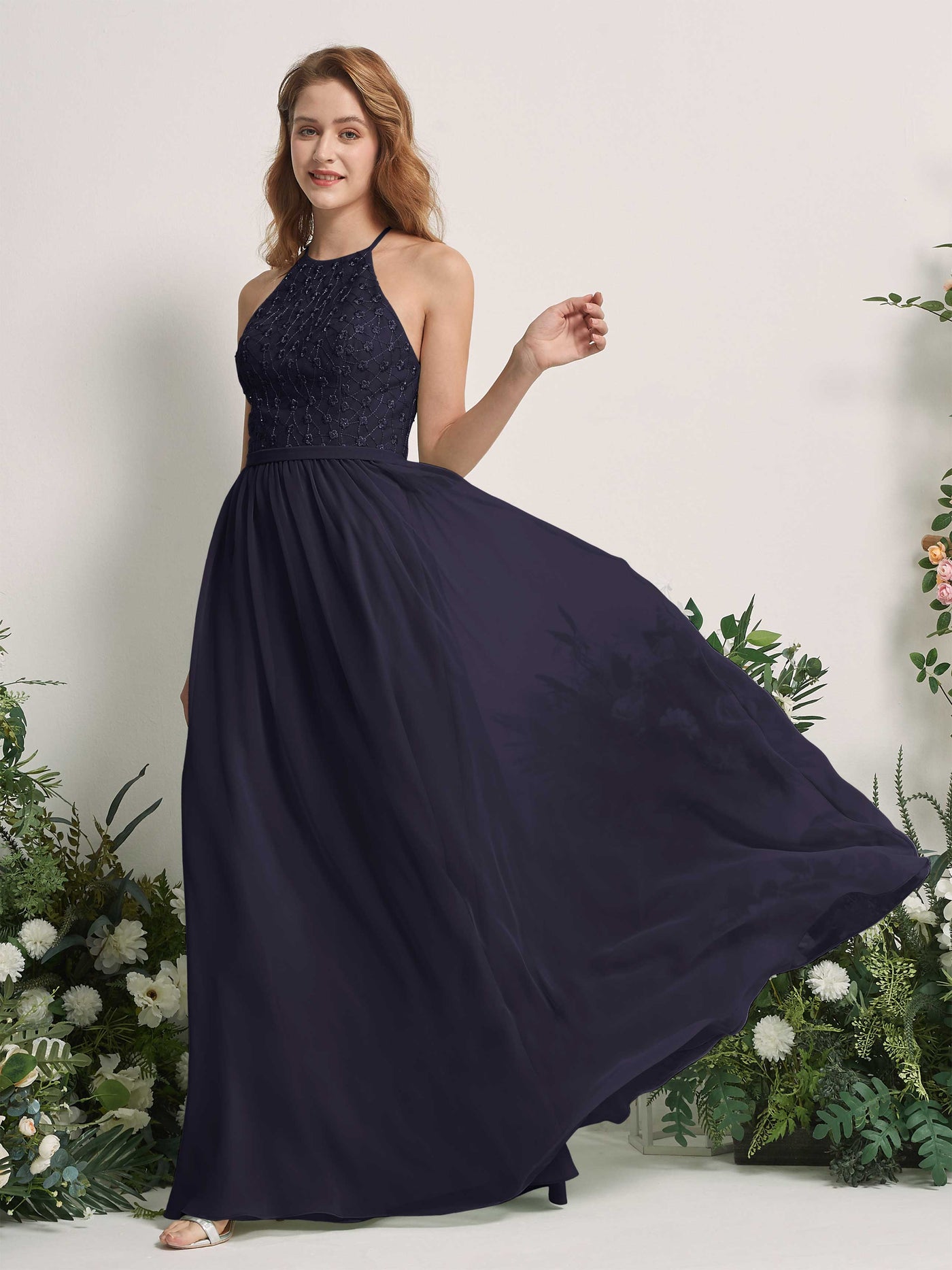 Carlyna Vestido línea A cuello redondo hasta el suelo vestidos de dama de honor Azul Marino Oscuro #color_azul-marino-oscuro