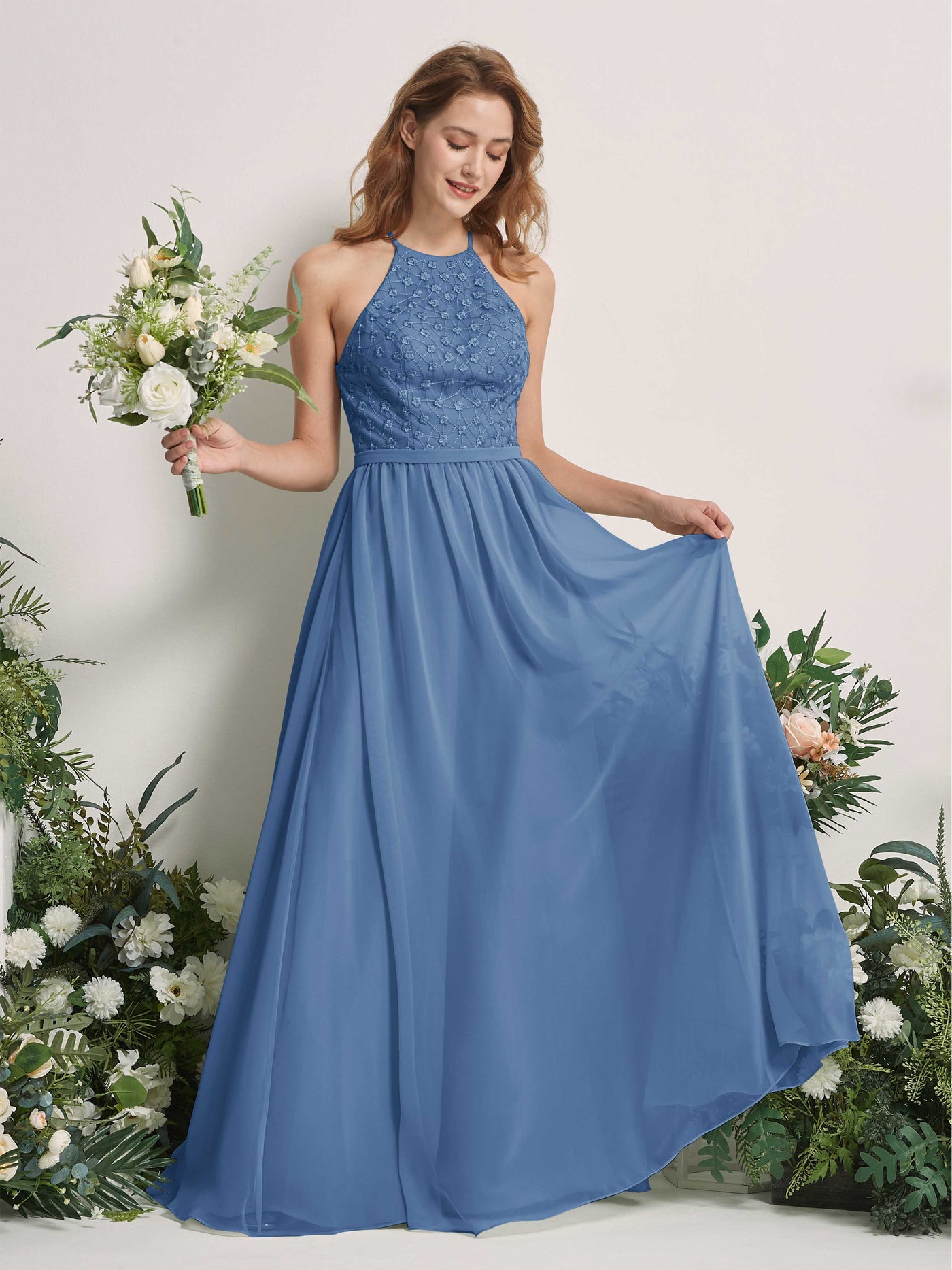 Carlyna Vestido línea A cuello redondo hasta el suelo vestidos de dama de honor Azul polvoriento #color_azul-polvoriento