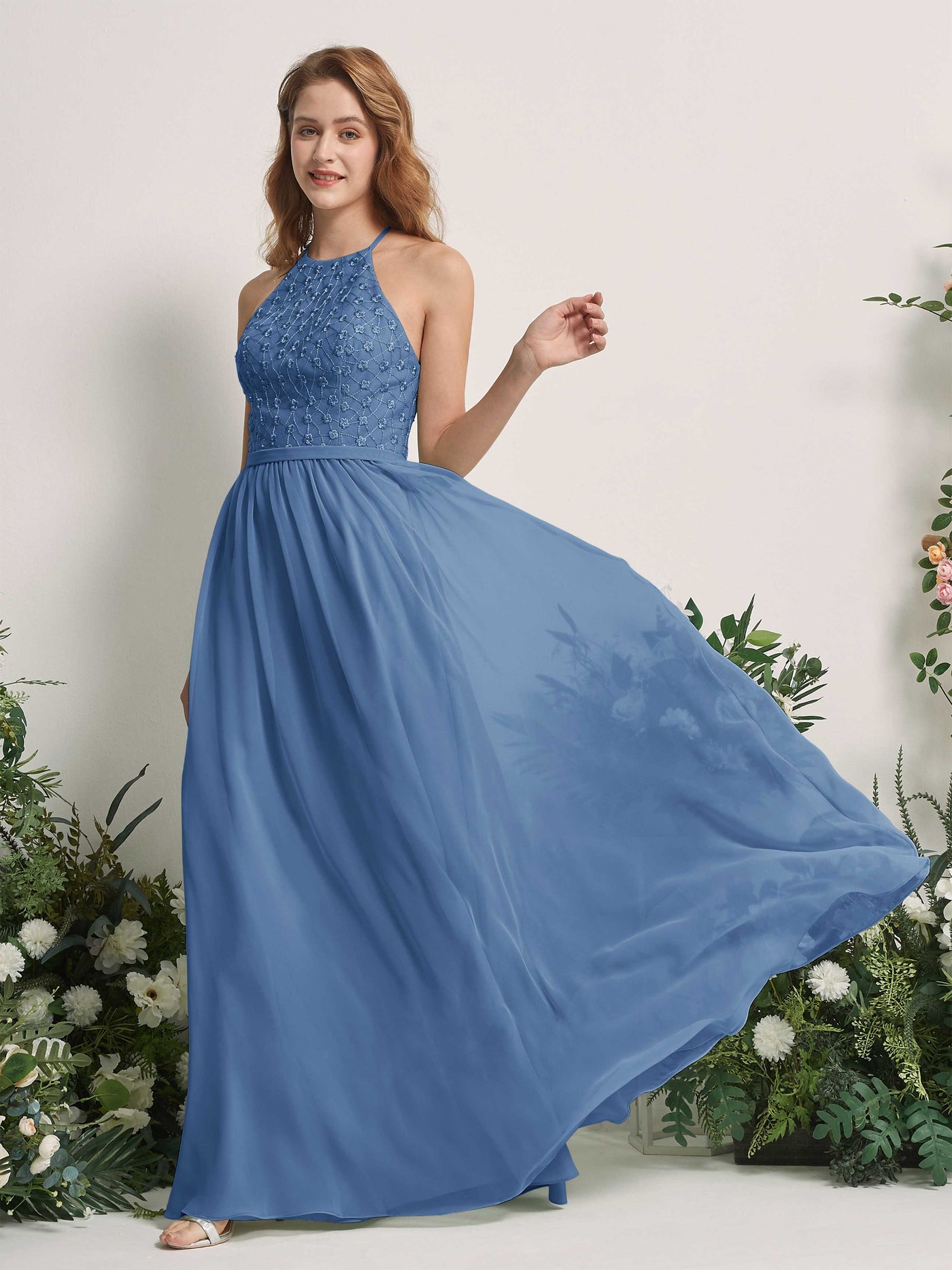 Carlyna Vestido línea A cuello redondo hasta el suelo vestidos de dama de honor Azul polvoriento #color_azul-polvoriento