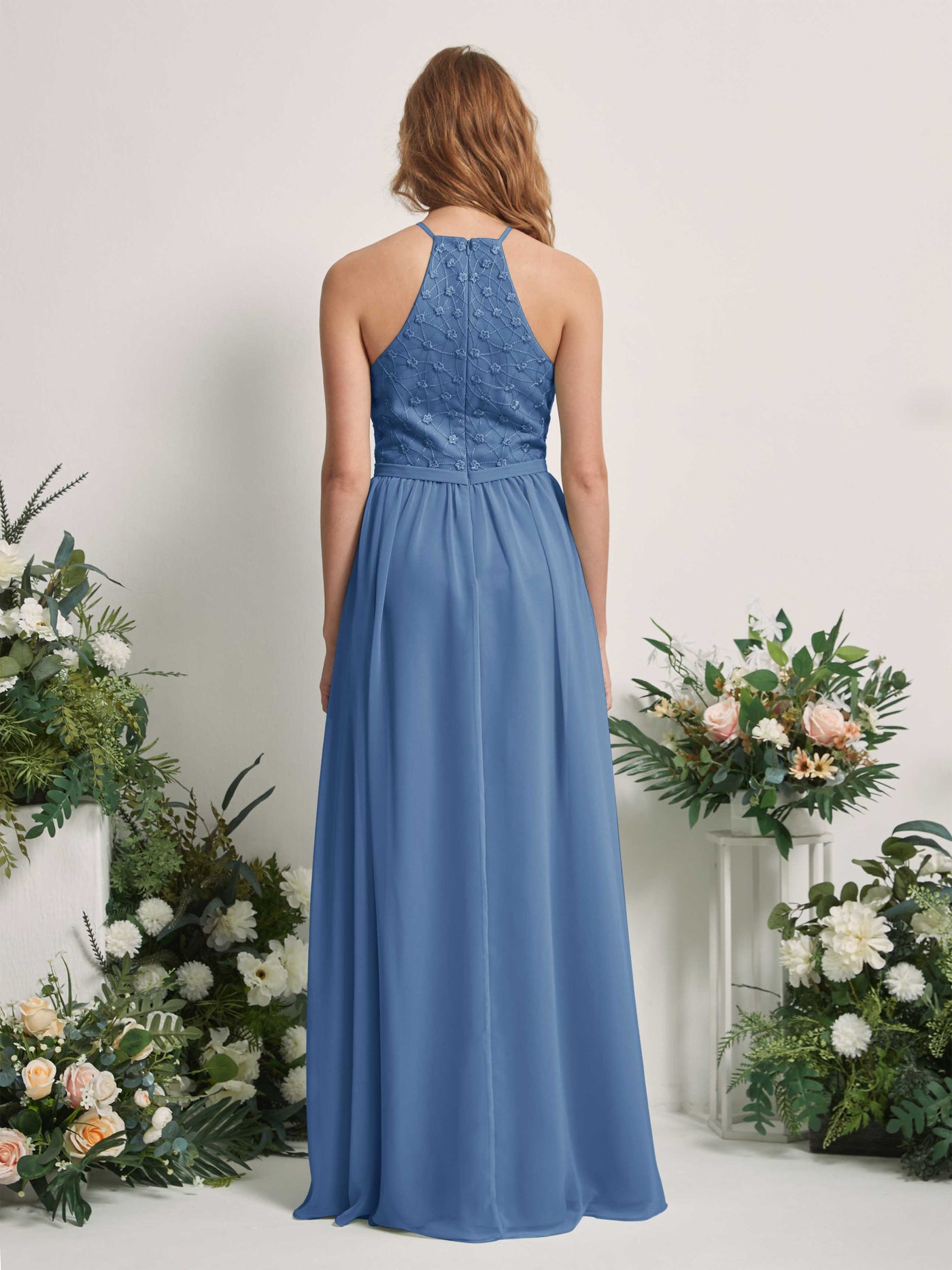 Carlyna Vestido línea A cuello redondo hasta el suelo vestidos de dama de honor Azul polvoriento #color_azul-polvoriento