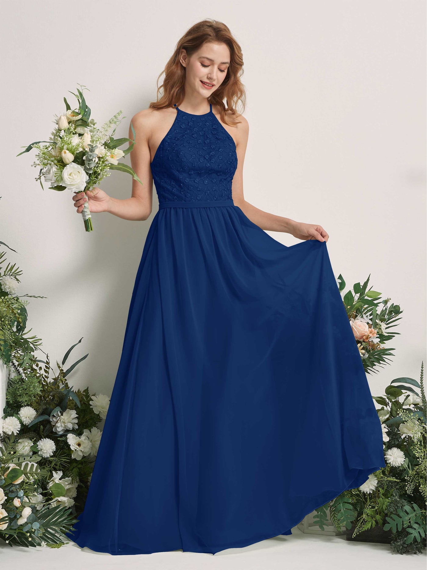 Carlyna Vestido línea A cuello redondo hasta el suelo vestidos de dama de honor Azul Real #color_azul-real