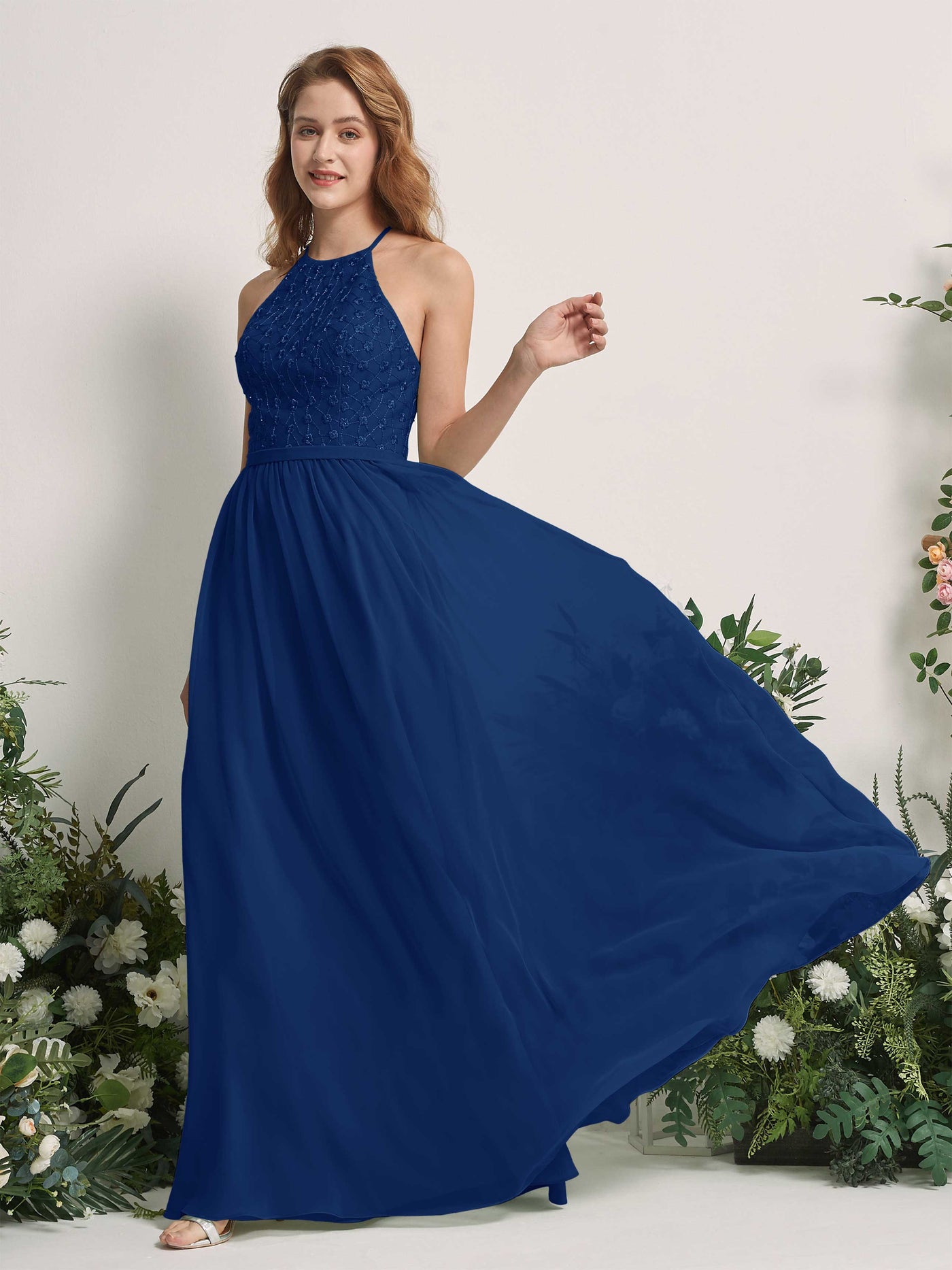 Carlyna Vestido línea A cuello redondo hasta el suelo vestidos de dama de honor Azul Real #color_azul-real