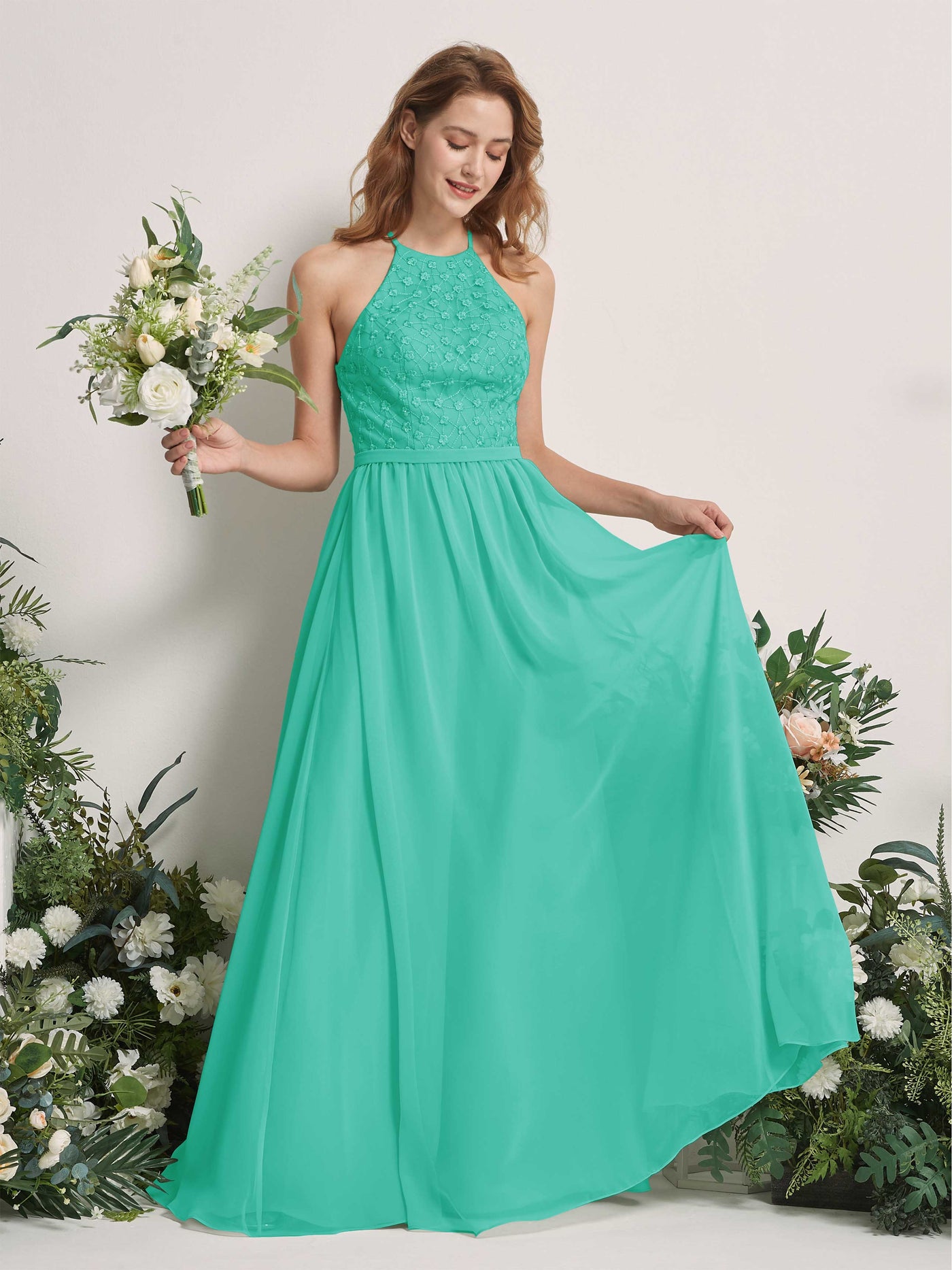 Carlyna Vestido línea A cuello redondo hasta el suelo vestidos de dama de honor Azul Tiffany #color_azul-tiffany