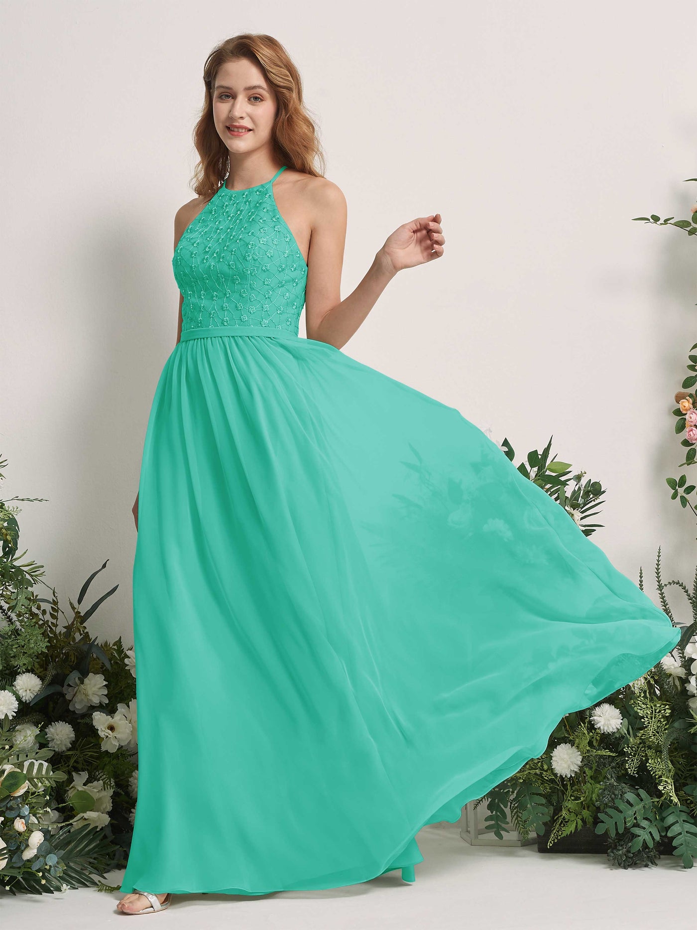 Carlyna Vestido línea A cuello redondo hasta el suelo vestidos de dama de honor Azul Tiffany #color_azul-tiffany