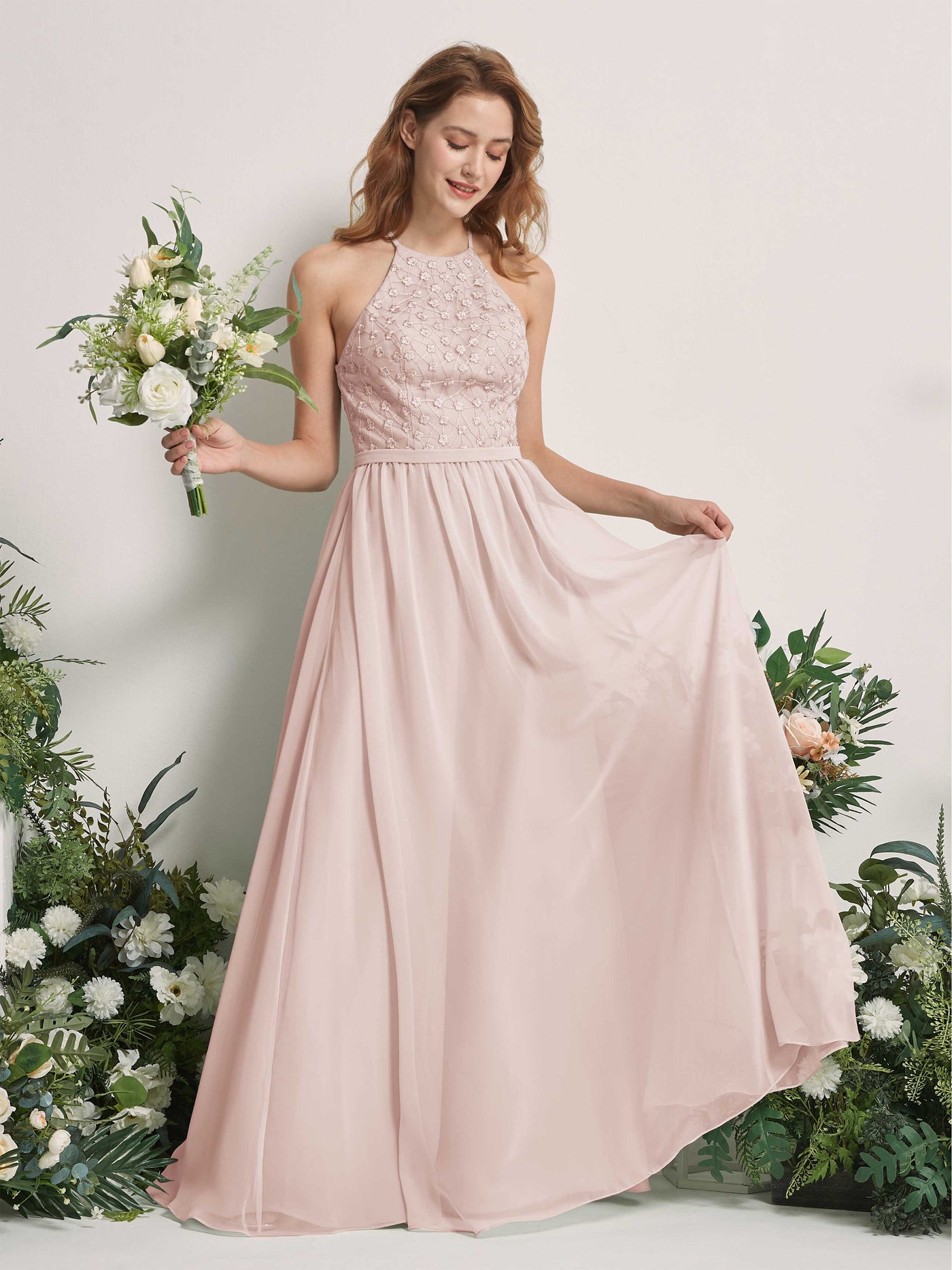 Carlyna Vestido línea A cuello redondo hasta el suelo vestidos de dama de honor Biscotti #color_biscotti