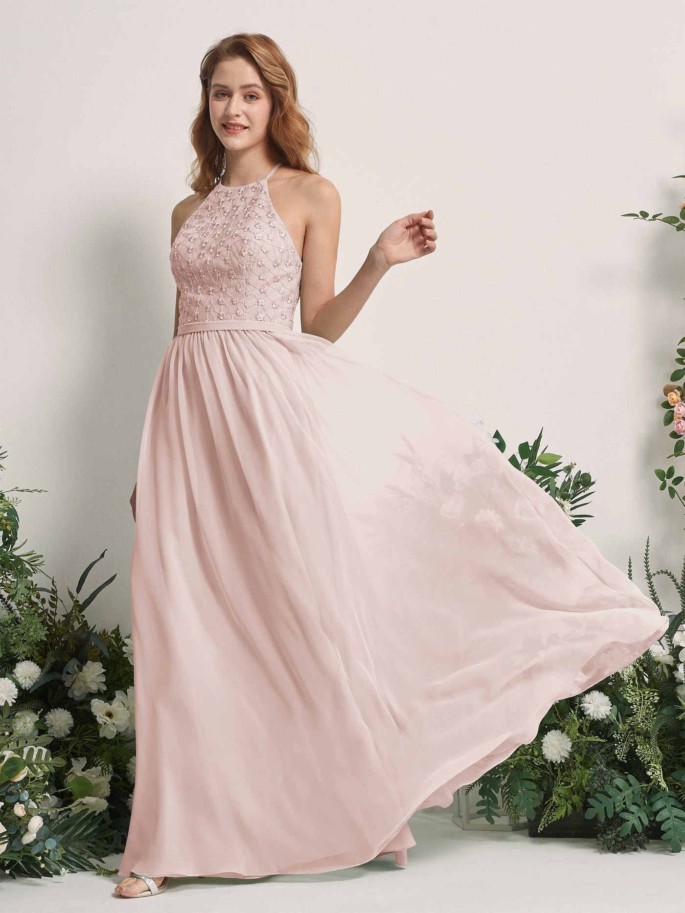 Carlyna Vestido línea A cuello redondo hasta el suelo vestidos de dama de honor Biscotti #color_biscotti
