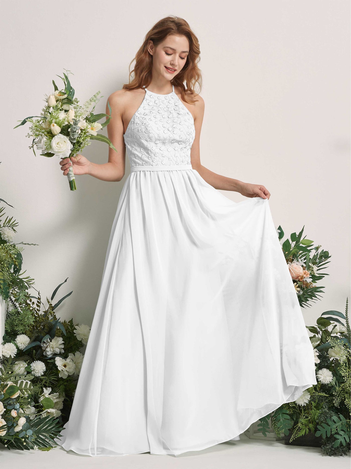 Carlyna Vestido línea A cuello redondo hasta el suelo vestidos de dama de honor Blanco #color_blanco