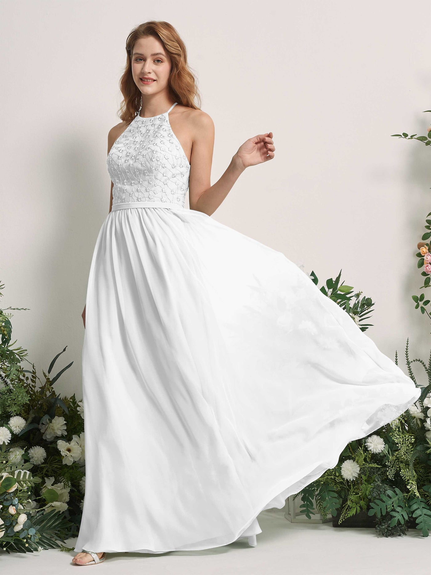 Carlyna Vestido línea A cuello redondo hasta el suelo vestidos de dama de honor Blanco #color_blanco