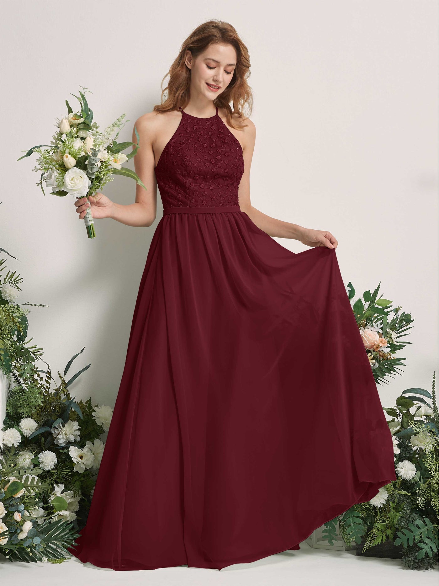 Carlyna Vestido línea A cuello redondo hasta el suelo vestidos de dama de honor Borgoña #color_borgo-a