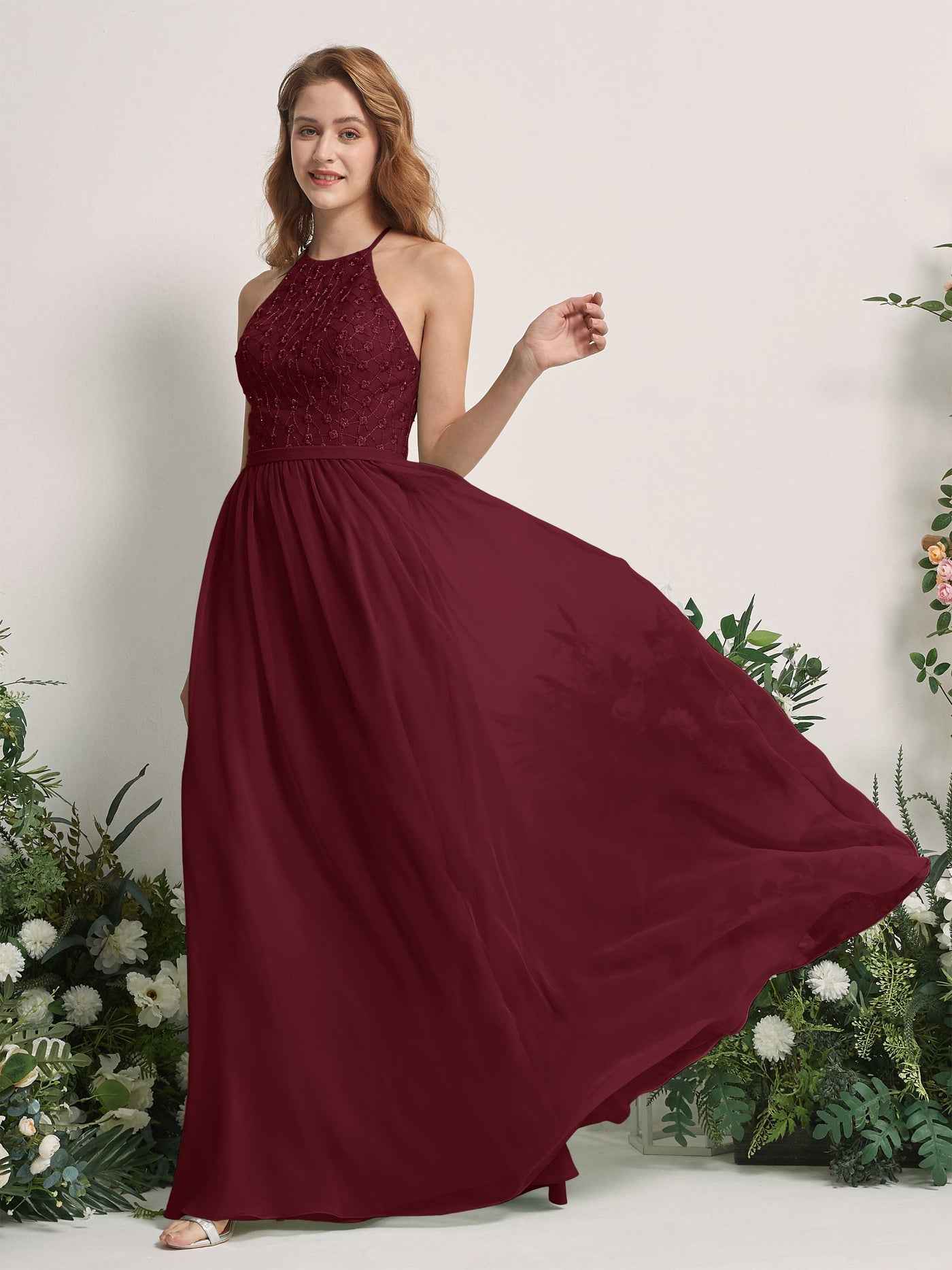 Carlyna Vestido línea A cuello redondo hasta el suelo vestidos de dama de honor Borgoña #color_borgo-a