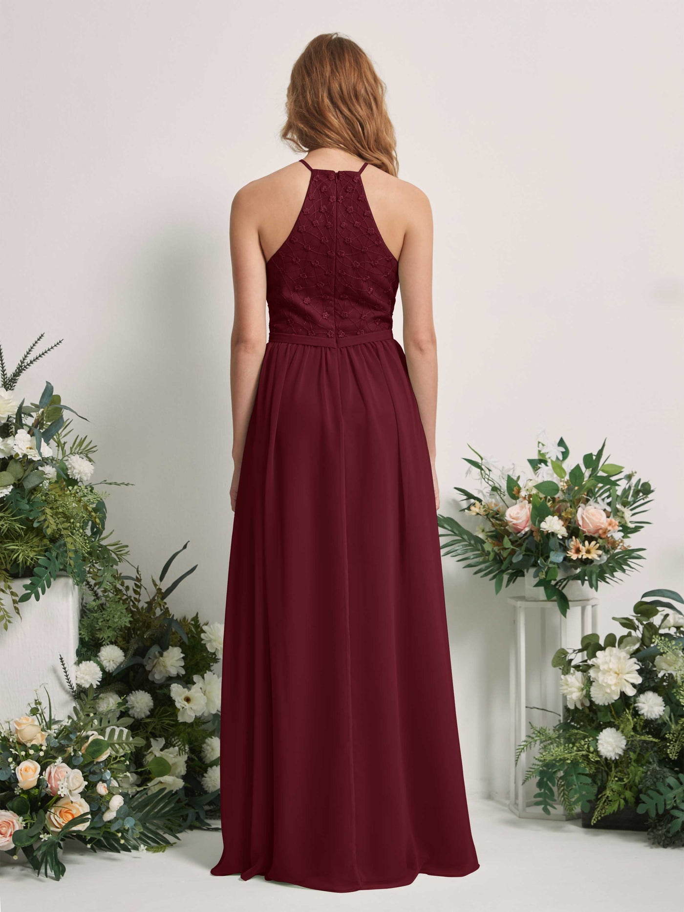 Carlyna Vestido línea A cuello redondo hasta el suelo vestidos de dama de honor Borgoña #color_borgo-a