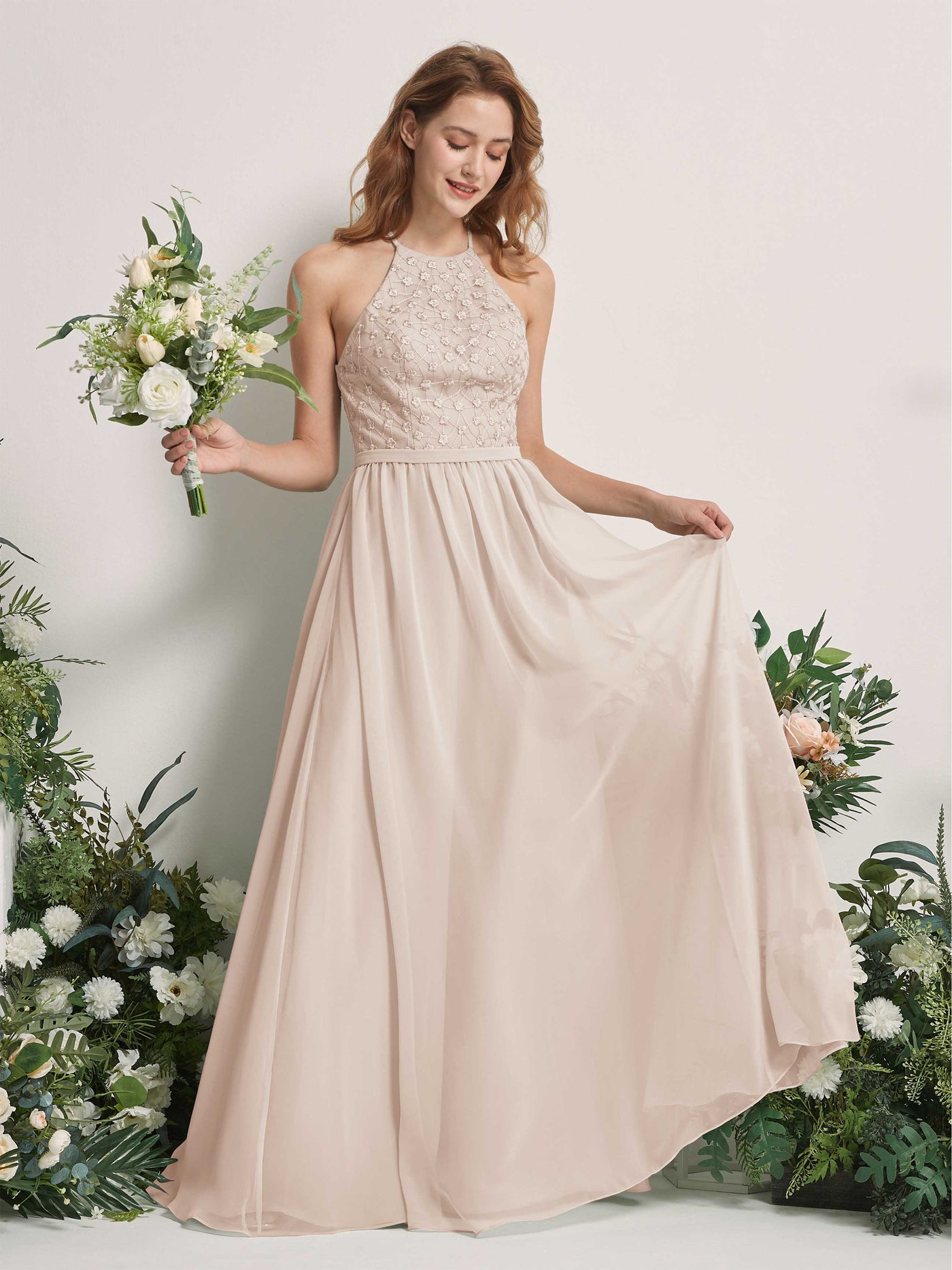 Carlyna Vestido línea A cuello redondo hasta el suelo vestidos de dama de honor Champán #color_champ-n