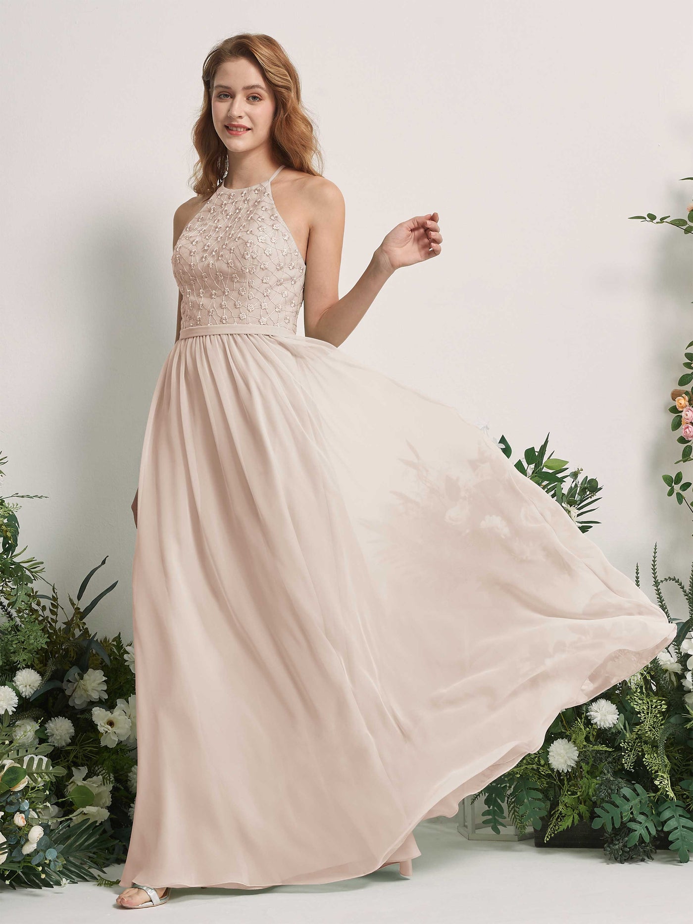 Carlyna Vestido línea A cuello redondo hasta el suelo vestidos de dama de honor Champán #color_champ-n