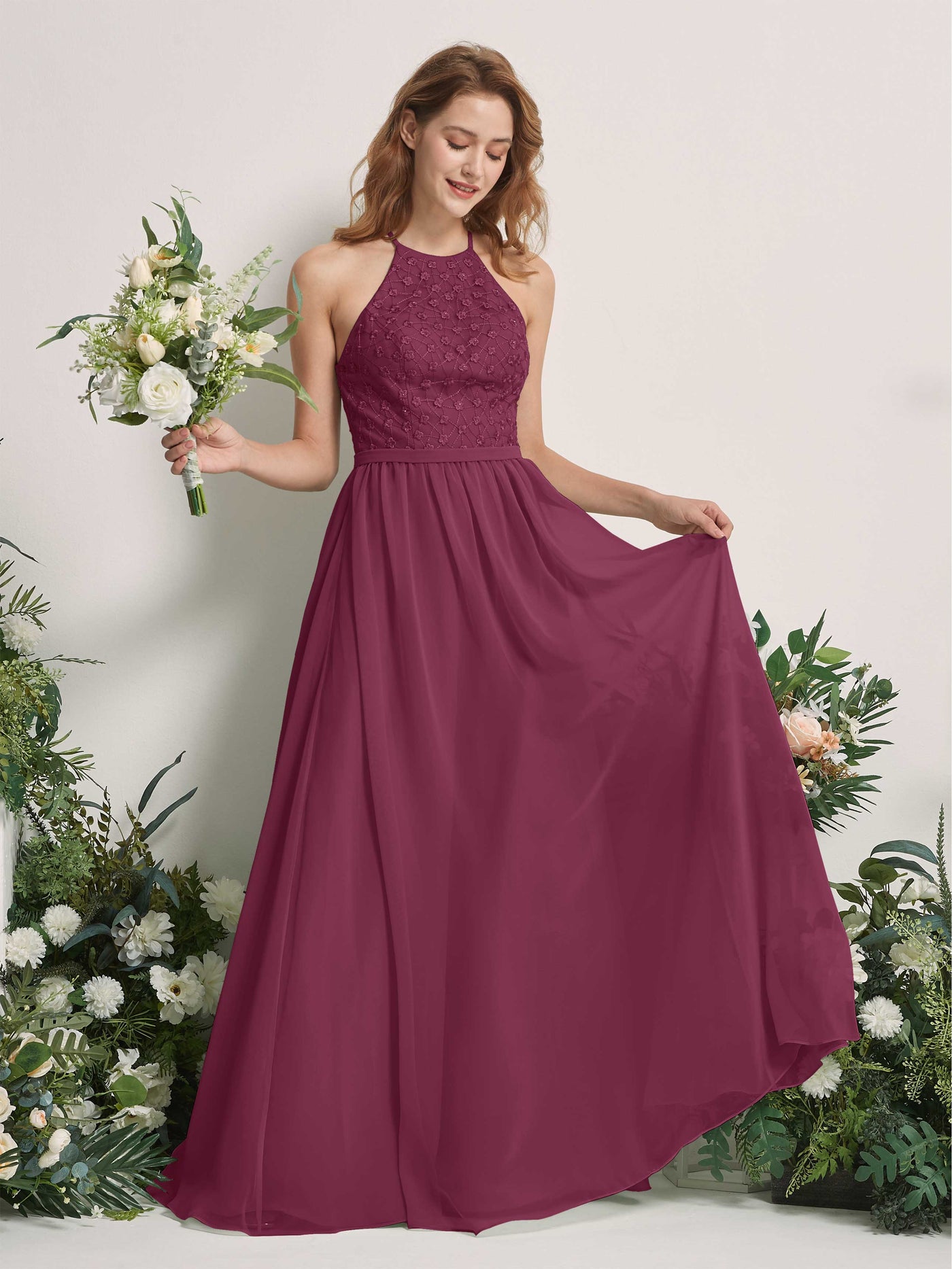 Carlyna Vestido línea A cuello redondo hasta el suelo vestidos de dama de honor Chianti #color_chianti