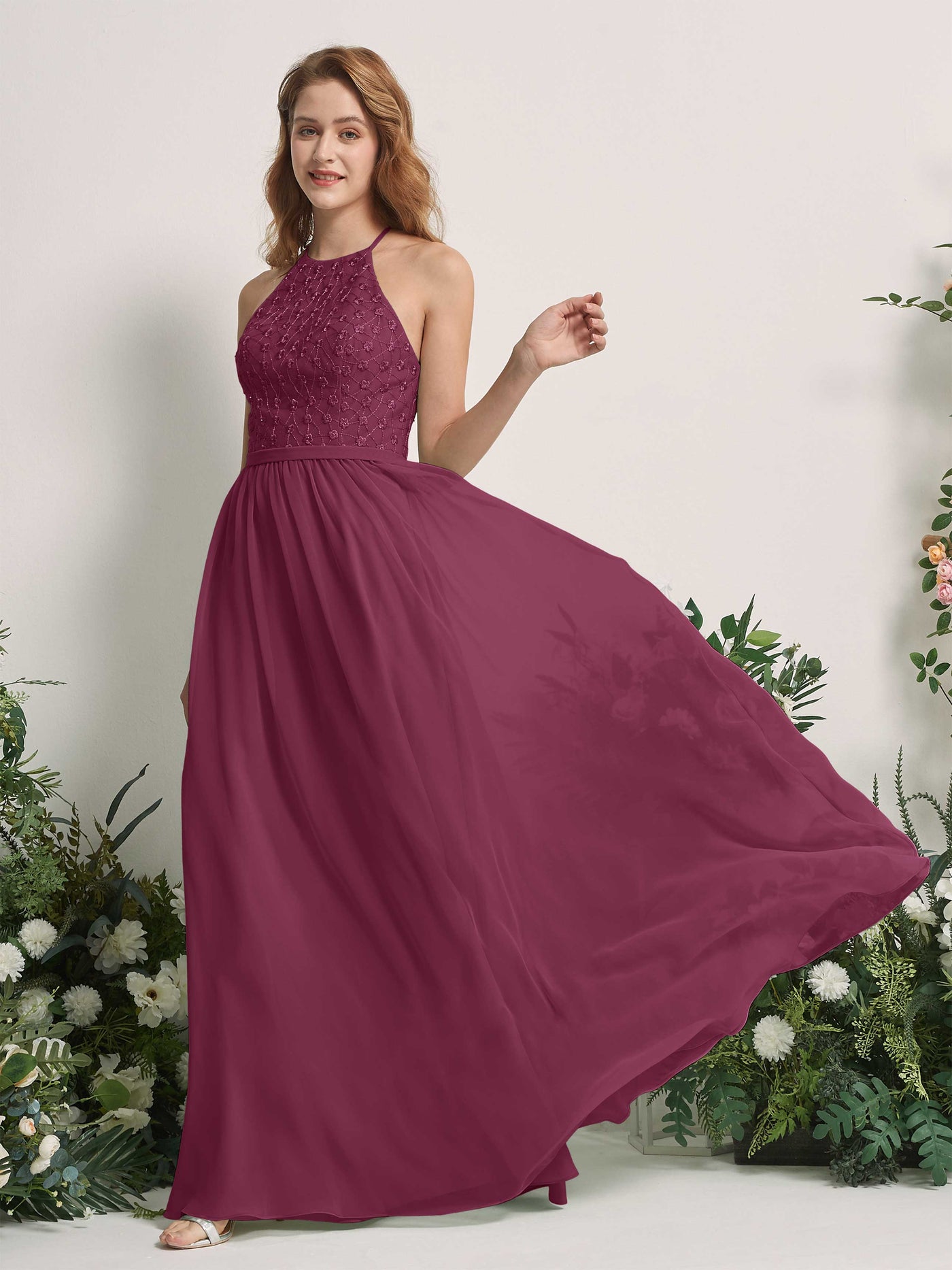 Carlyna Vestido línea A cuello redondo hasta el suelo vestidos de dama de honor Chianti #color_chianti