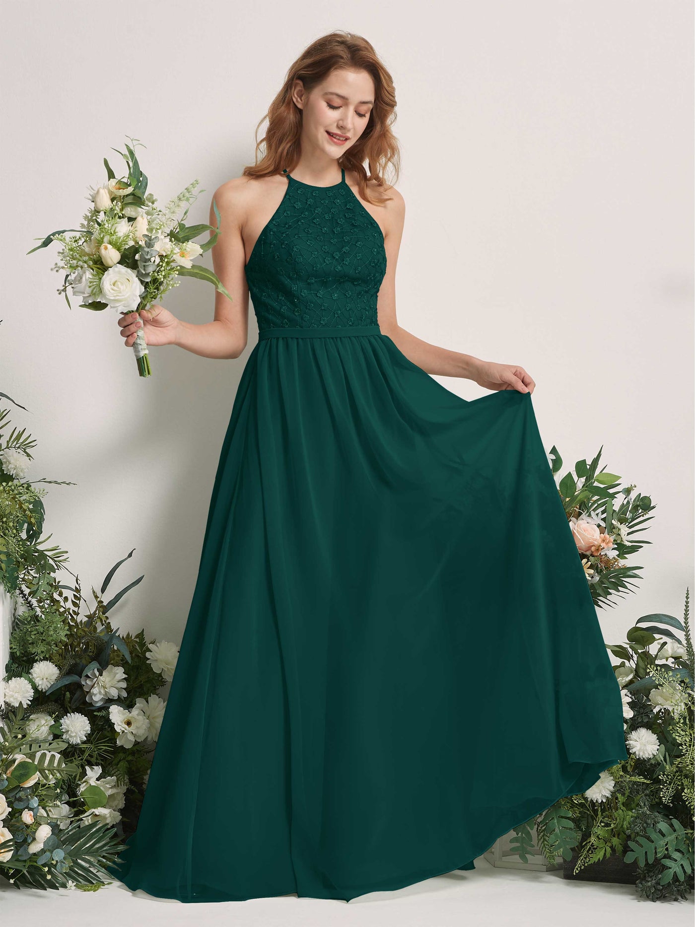 Carlyna Vestido línea A cuello redondo hasta el suelo vestidos de dama de honor Esmeralda Oscuro #color_esmeralda-oscuro