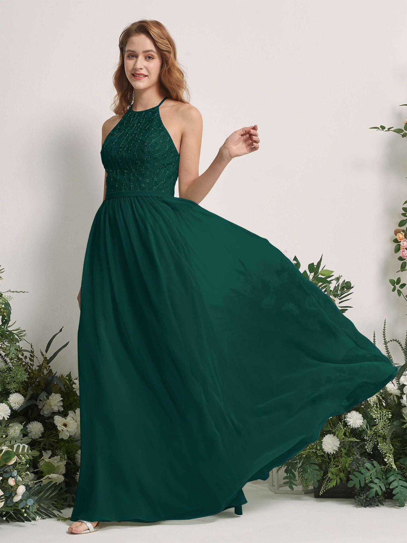 Carlyna Vestido línea A cuello redondo hasta el suelo vestidos de dama de honor Esmeralda Oscuro #color_esmeralda-oscuro