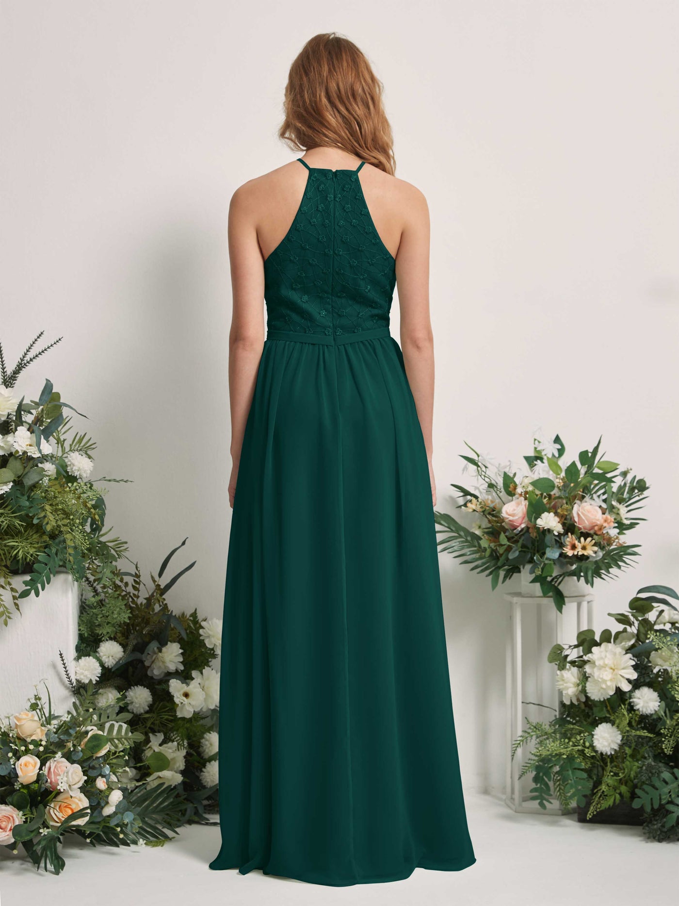 Carlyna Vestido línea A cuello redondo hasta el suelo vestidos de dama de honor Esmeralda Oscuro #color_esmeralda-oscuro