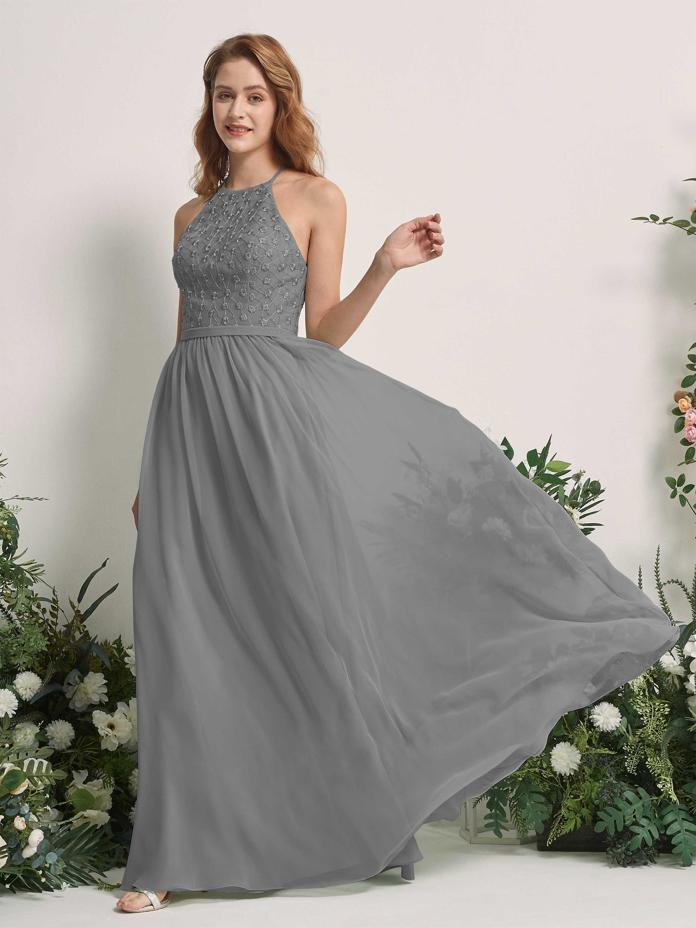 Carlyna Vestido línea A cuello redondo hasta el suelo vestidos de dama de honor Gris Acero #color_gris-acero