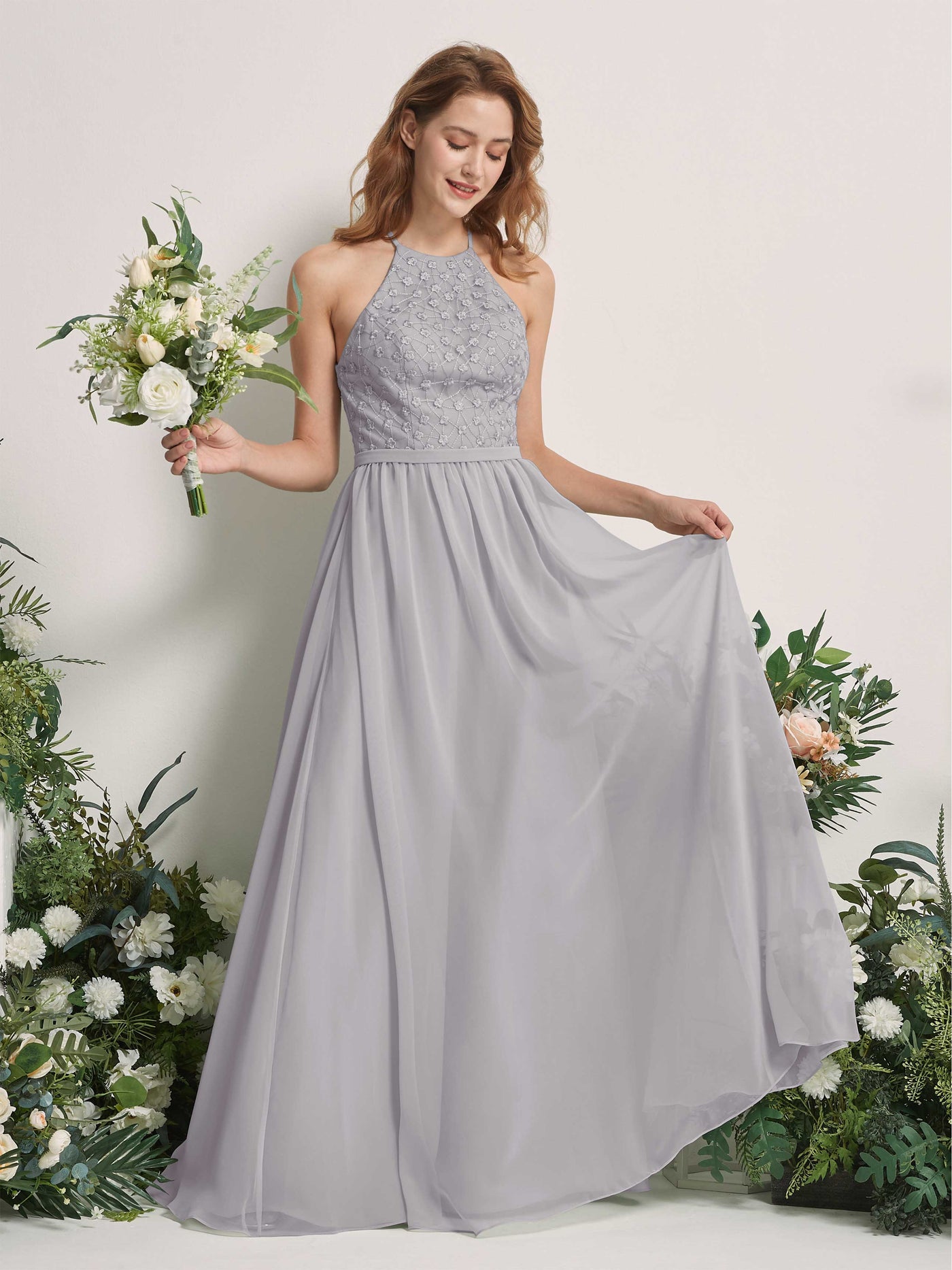 Carlyna Vestido línea A cuello redondo hasta el suelo vestidos de dama de honor Gris Paloma #color_gris-paloma