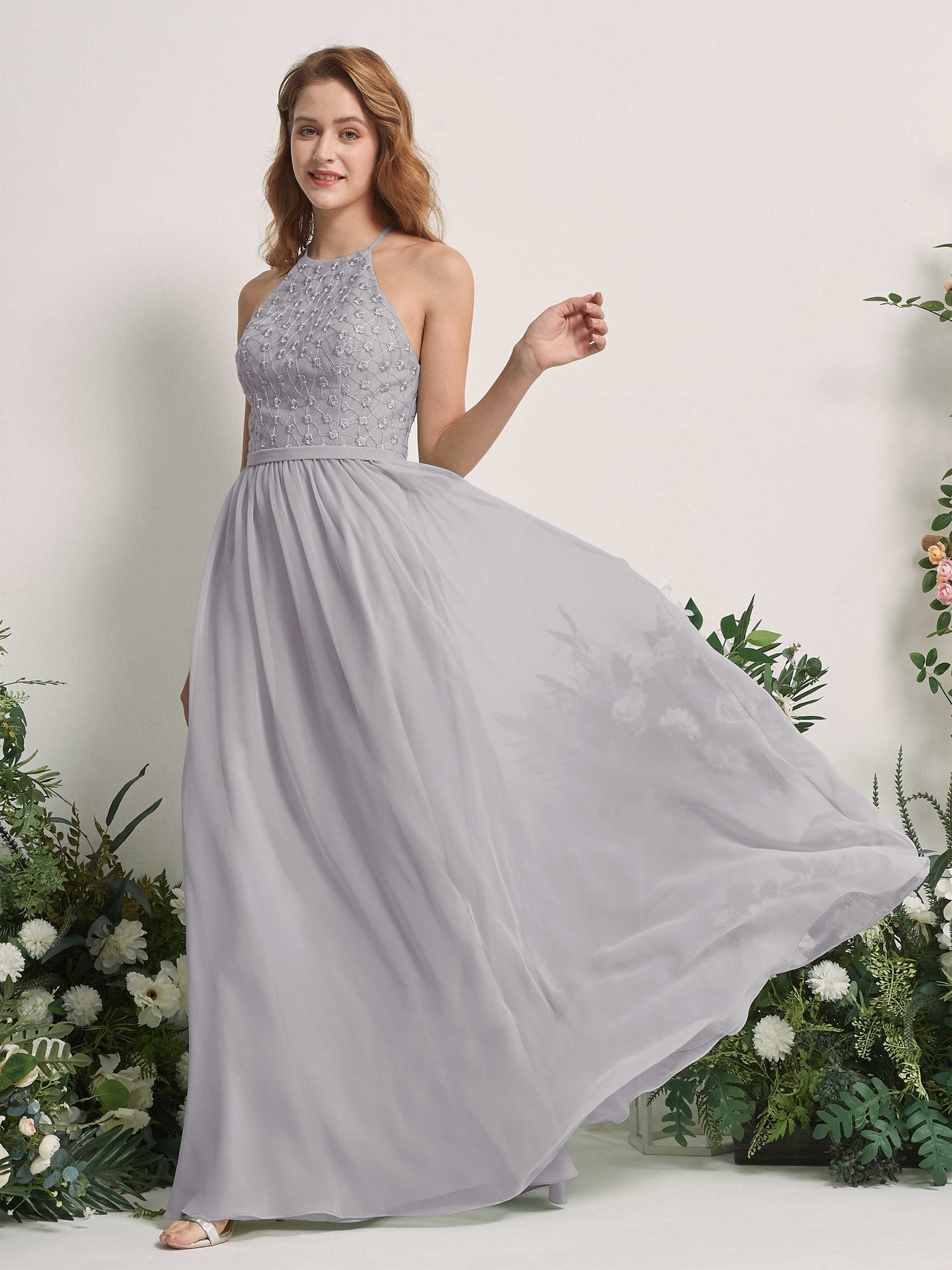 Carlyna Vestido línea A cuello redondo hasta el suelo vestidos de dama de honor Gris Paloma #color_gris-paloma