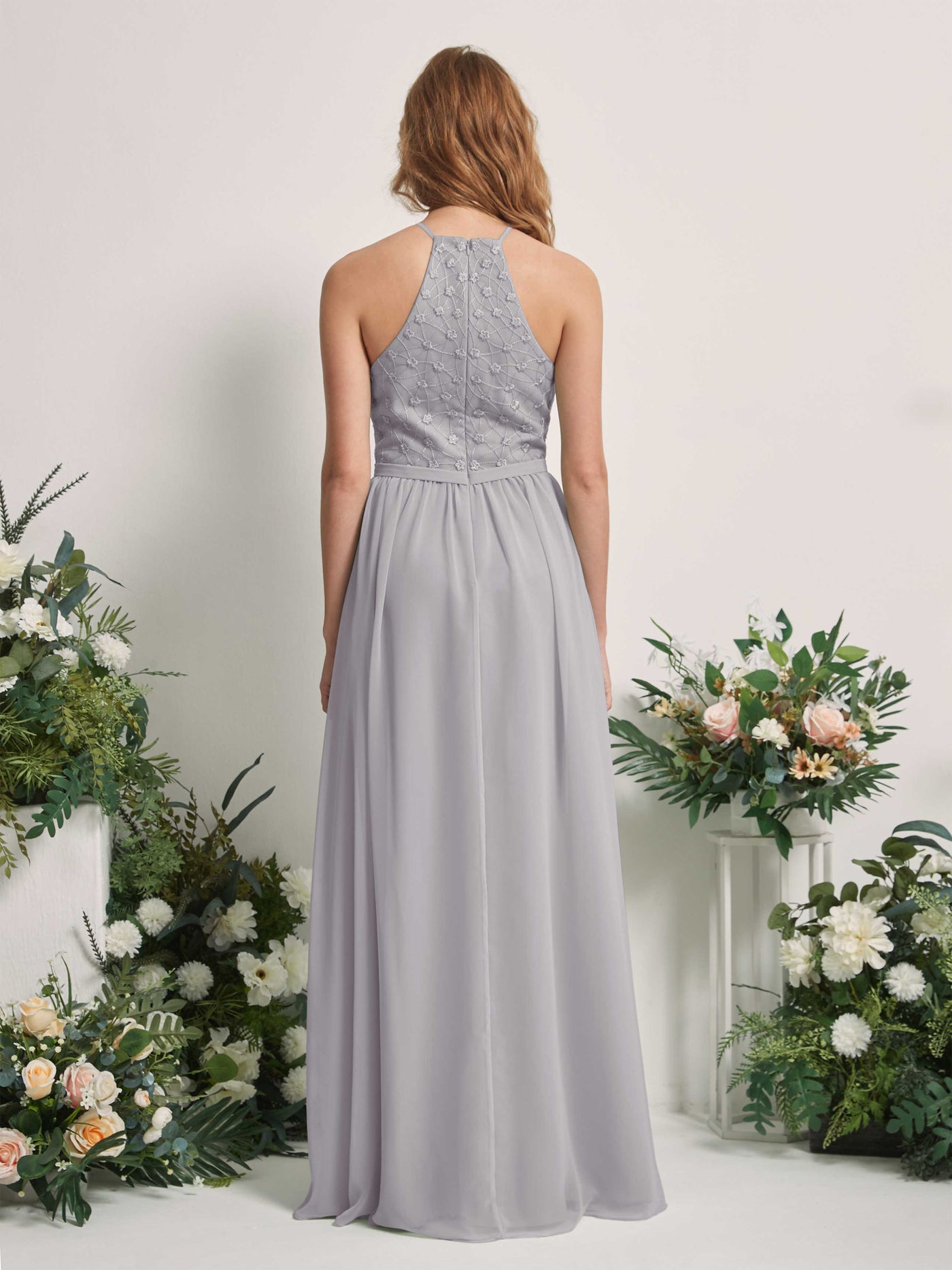 Carlyna Vestido línea A cuello redondo hasta el suelo vestidos de dama de honor Gris Paloma #color_gris-paloma