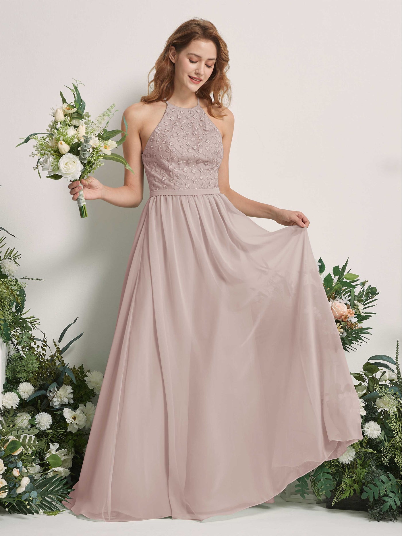 Carlyna Vestido línea A cuello redondo hasta el suelo vestidos de dama de honor Gris Pardo #color_gris-pardo