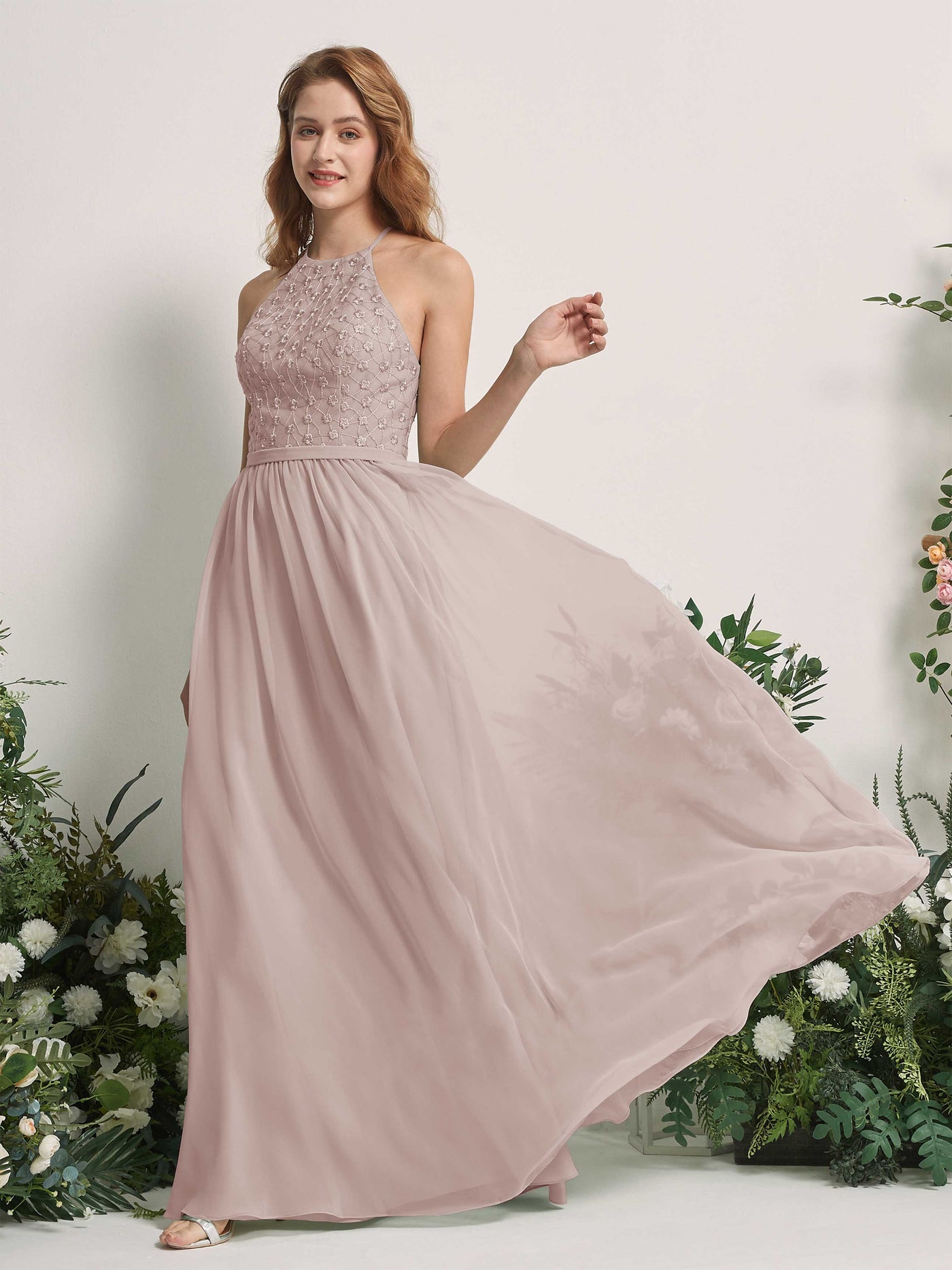 Carlyna Vestido línea A cuello redondo hasta el suelo vestidos de dama de honor Gris Pardo #color_gris-pardo