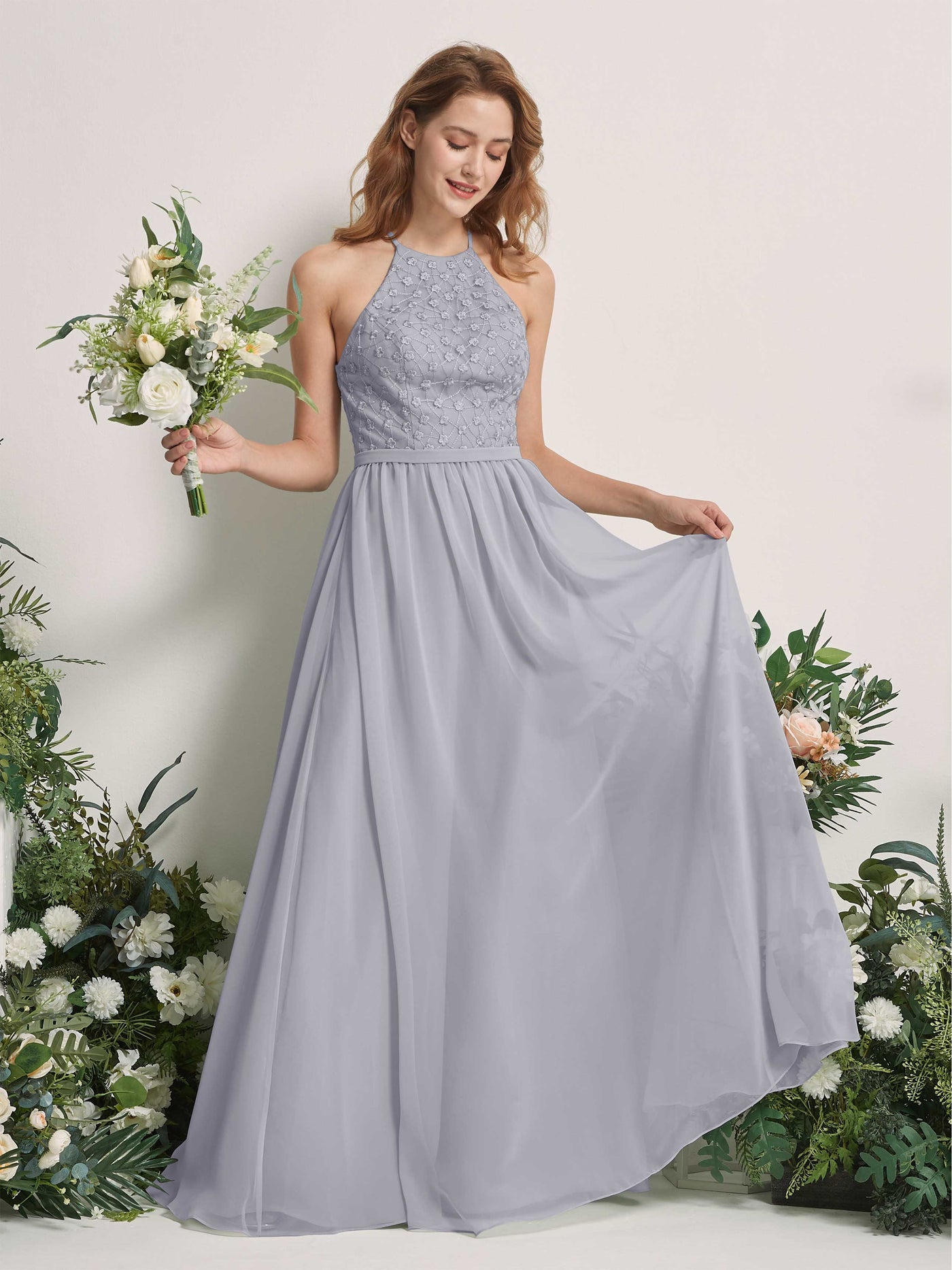 Carlyna Vestido línea A cuello redondo hasta el suelo vestidos de dama de honor Lavanda Viejo #color_lavanda-viejo