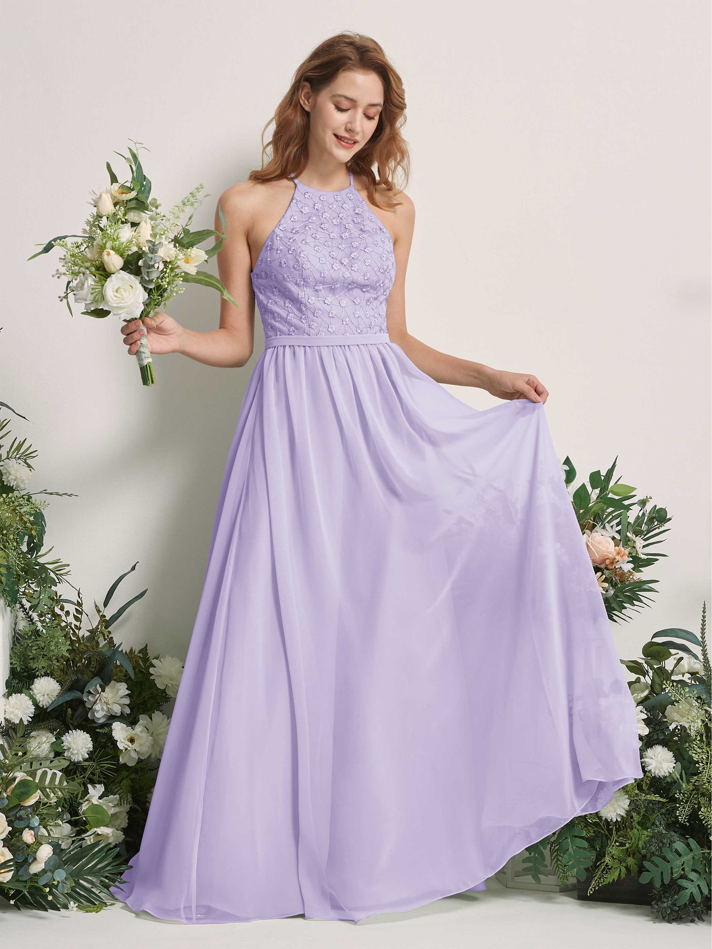 Carlyna Vestido línea A cuello redondo hasta el suelo vestidos de dama de honor Lila #color_lila