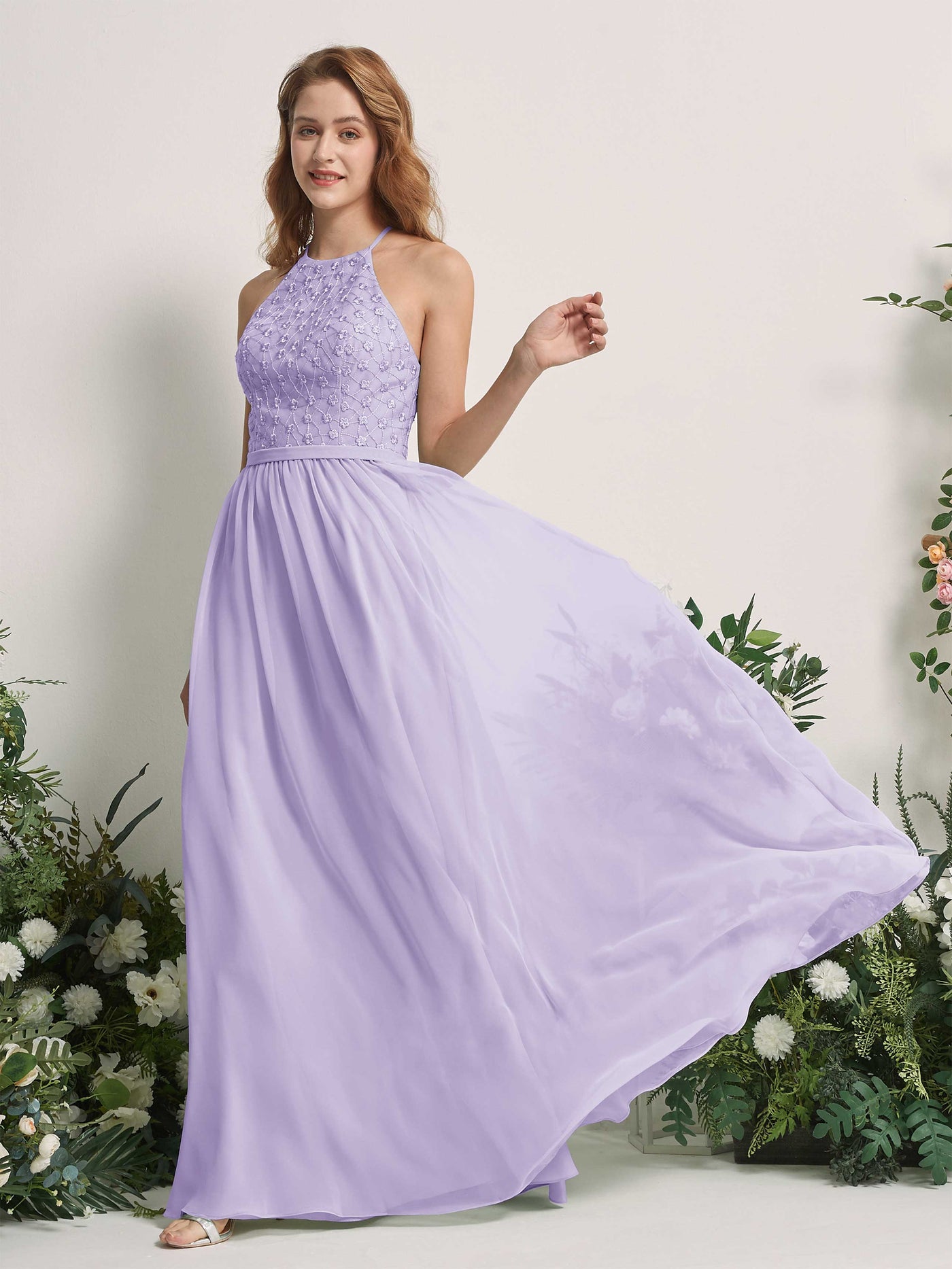 Carlyna Vestido línea A cuello redondo hasta el suelo vestidos de dama de honor Lila #color_lila