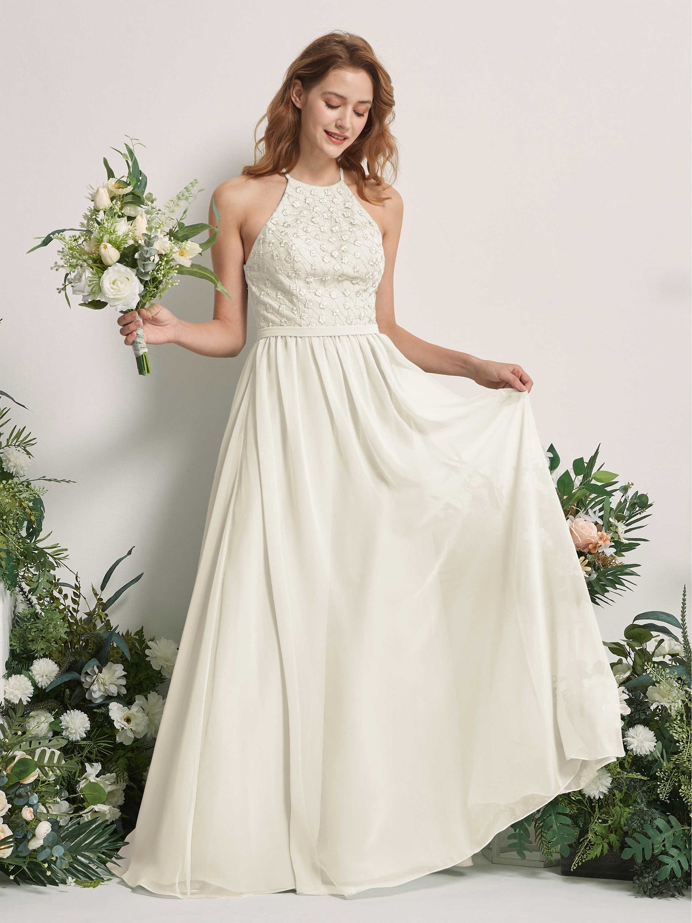 Carlyna Vestido línea A cuello redondo hasta el suelo vestidos de dama de honor Marfil #color_marfil