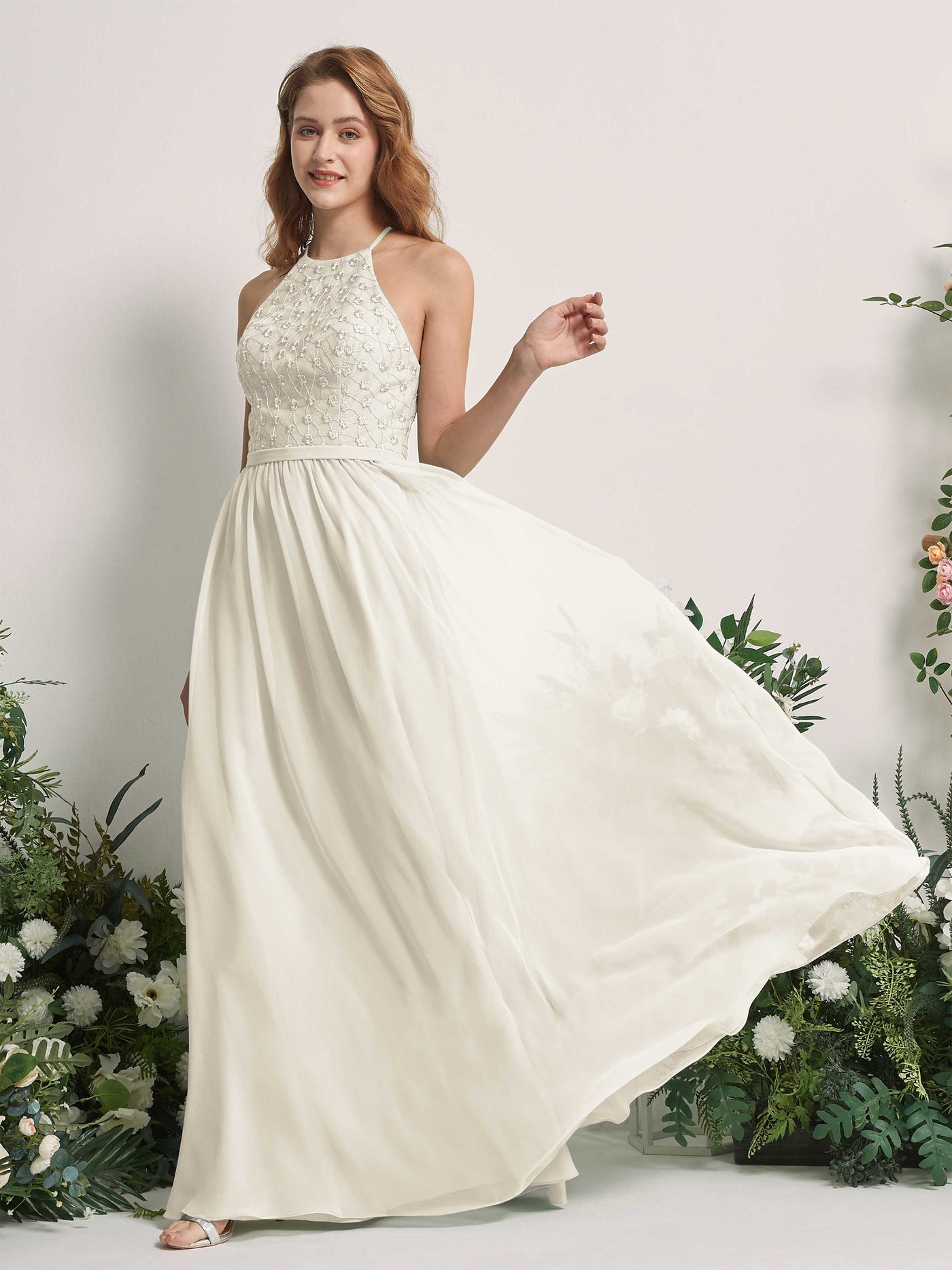 Carlyna Vestido línea A cuello redondo hasta el suelo vestidos de dama de honor Marfil #color_marfil