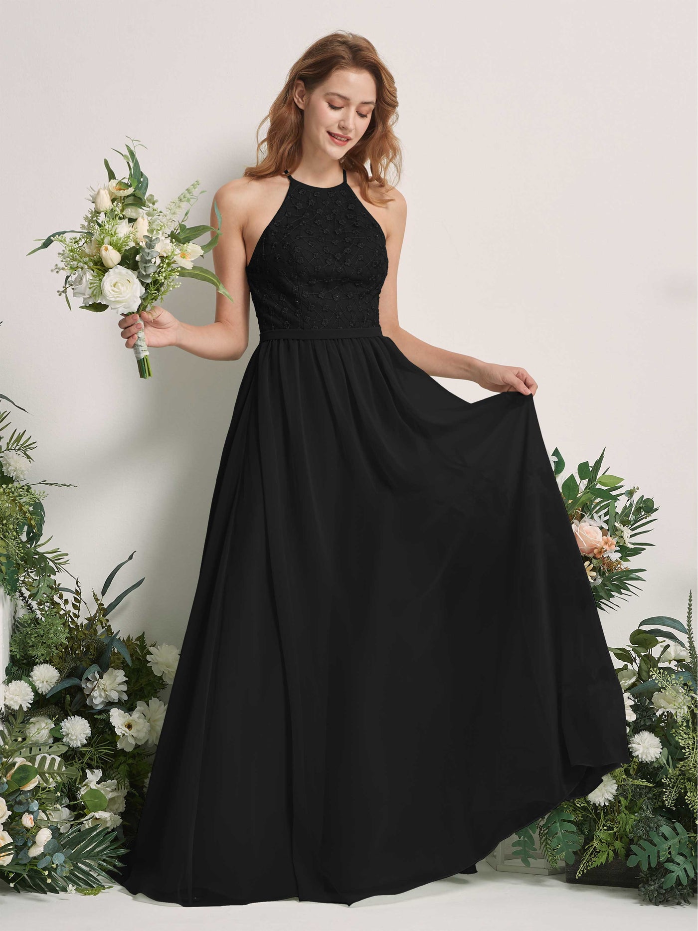 Carlyna Vestido línea A cuello redondo hasta el suelo vestidos de dama de honor Negro #color_negro
