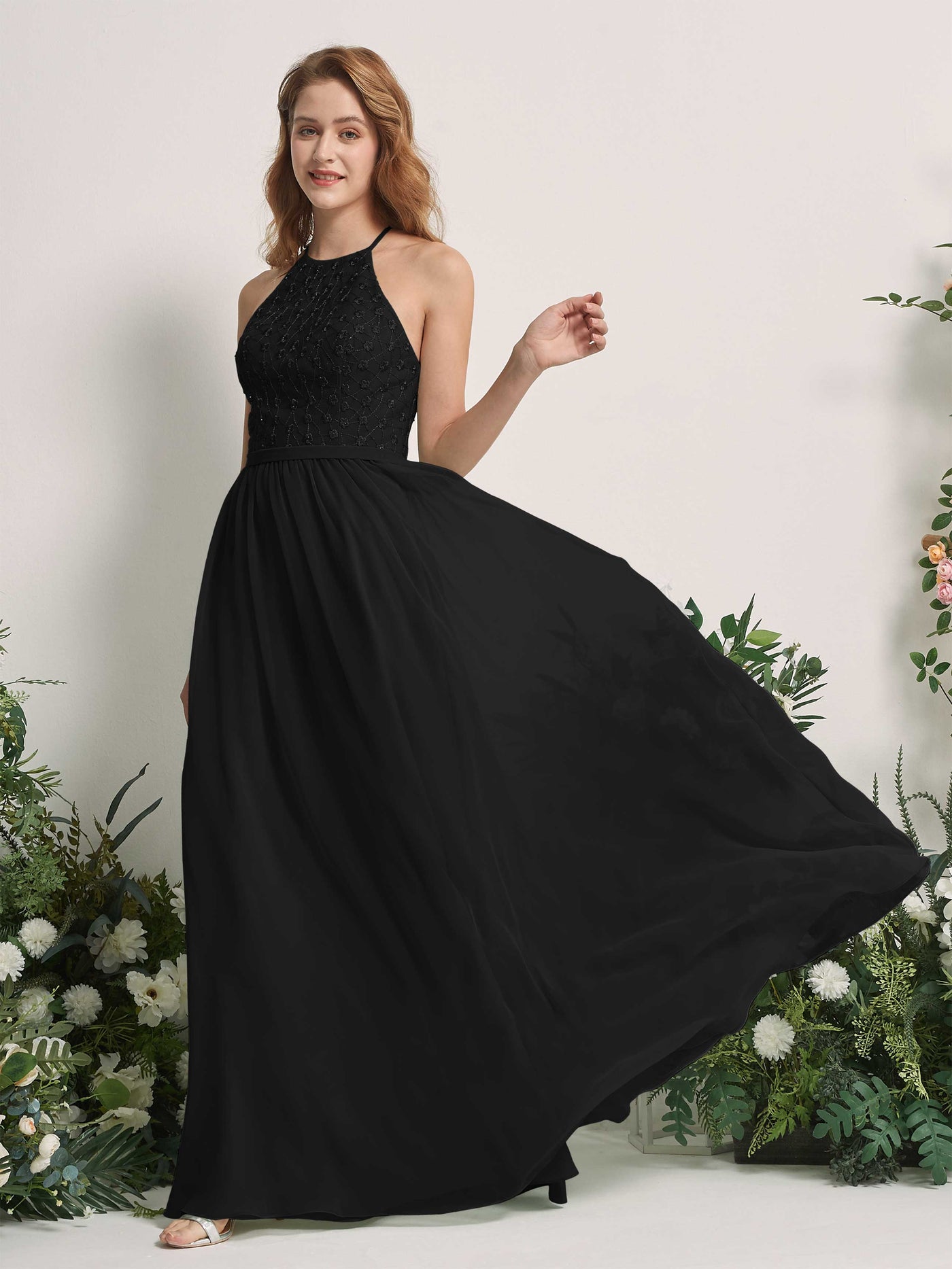 Carlyna Vestido línea A cuello redondo hasta el suelo vestidos de dama de honor Negro #color_negro